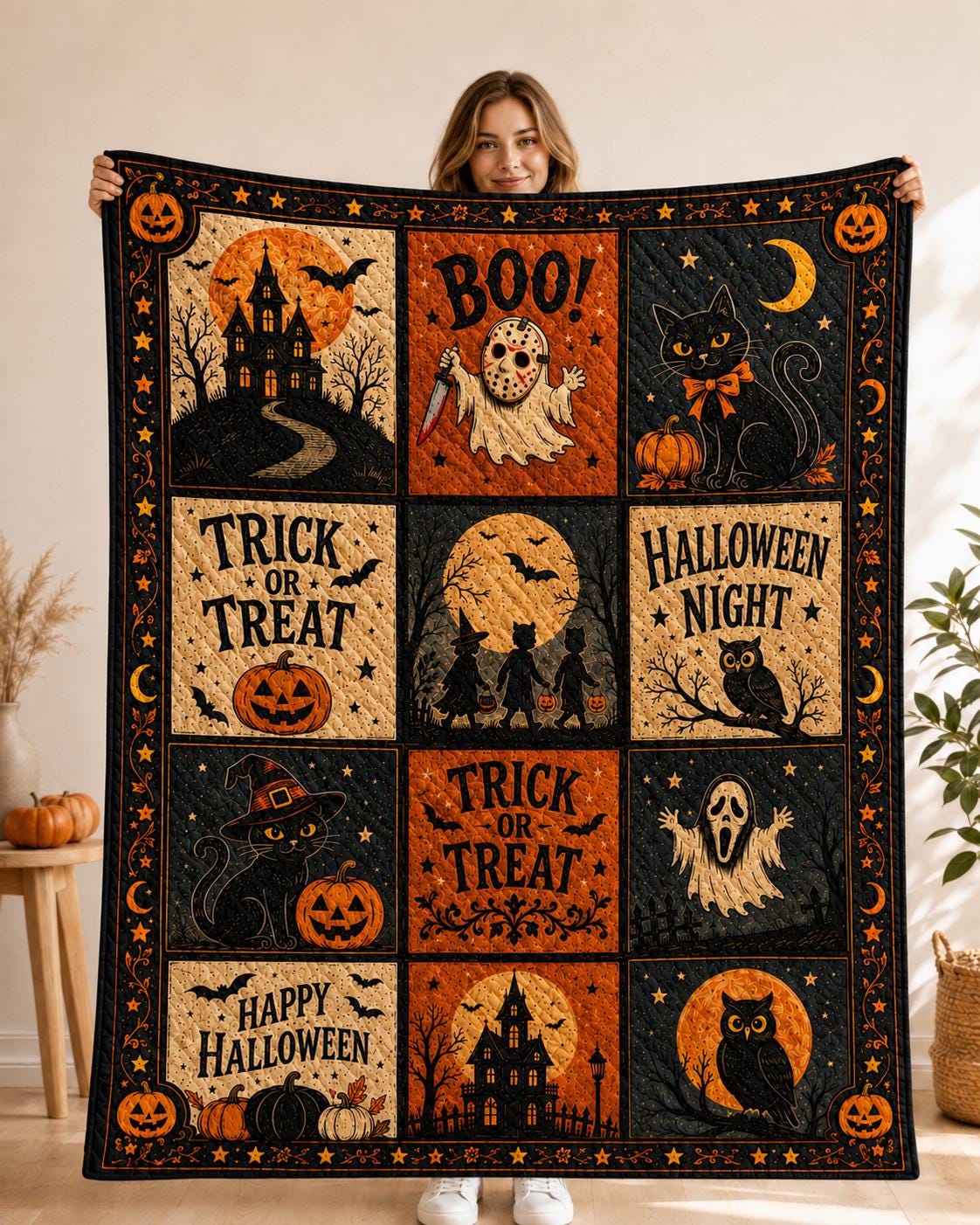 Halloween Ghost Quilt Blanket, Spooky Pumpkin Patchwork, Cozy Fall Gothic Bedding, Autumn Home Decor, Halloween Gift