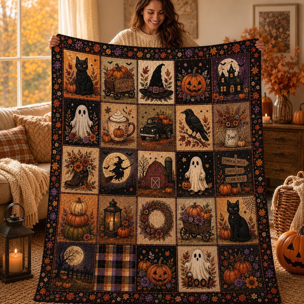 Halloween Quilt, Spooky Ghost Blanket, Vintage Pumpkin Patchwork, Black Cat Witch Halloween Decor, Fall Farmhouse Halloween Throw
