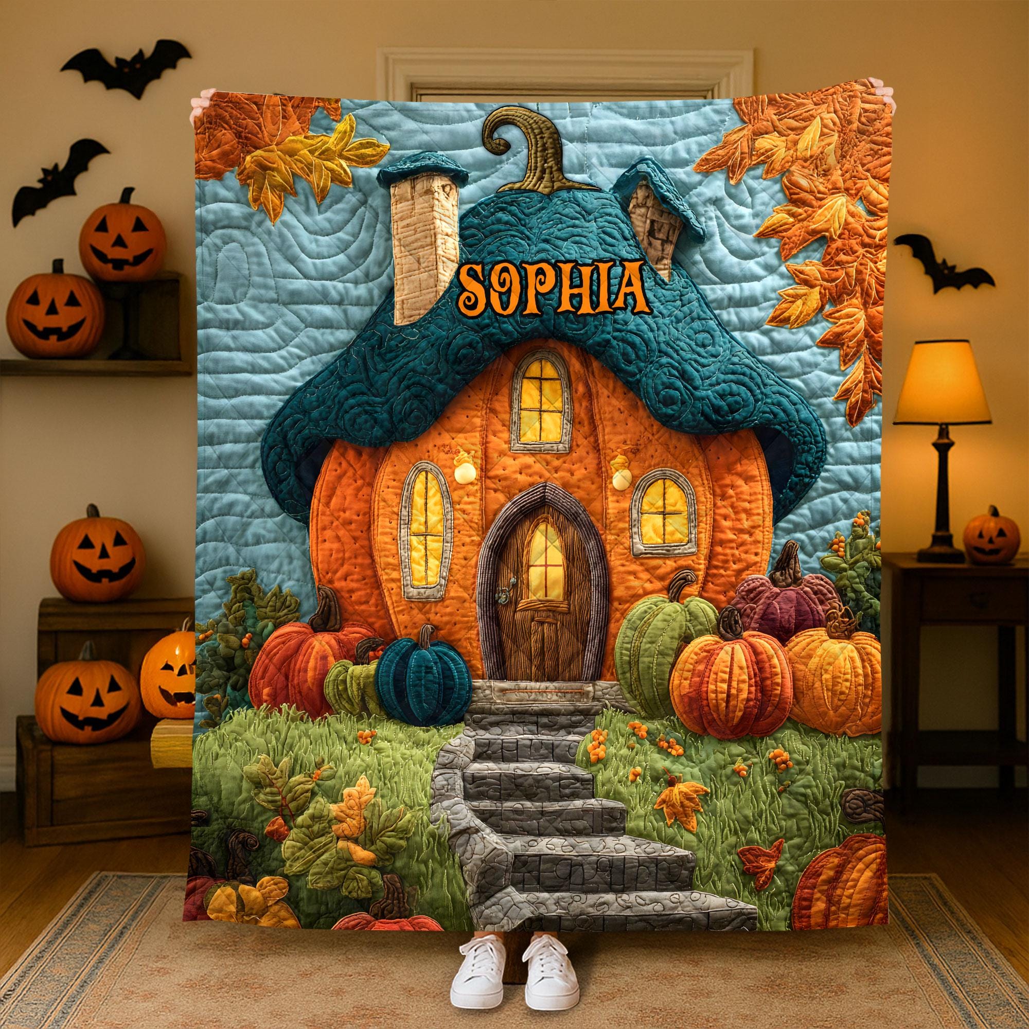 Personalized Pumpkin House Quilt Blanket, Custom Name Fall Halloween , Cozy Autumn Pumpkin Decor Gift For Home, Pumpkin House Tapestry