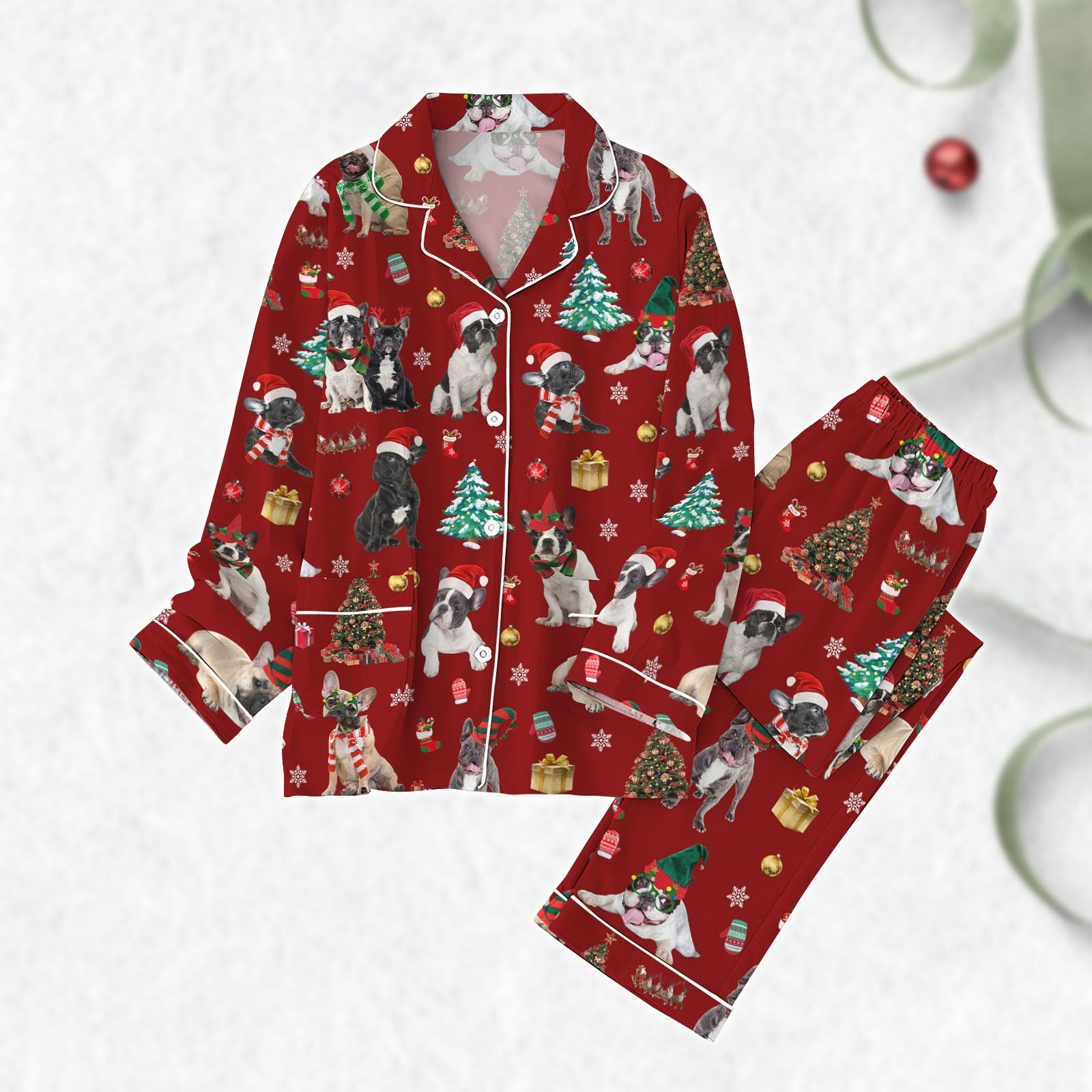 Bulldog Christmas Pajamas Set, Cute Santa Dog Holiday Pajamas
