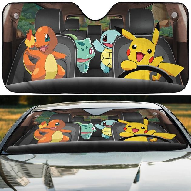 Pika Car Sun Shade, Charmander Bulbasaur Squirtle Car Sunshade, Pocket Monster Anime Car Sunshade