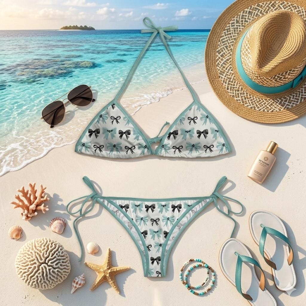 Cute Bow Print Bikini Set, Pastel Triangle String Swimsuit, Kawaii Coquette Swimwear, Girly Summer Beach Bikini