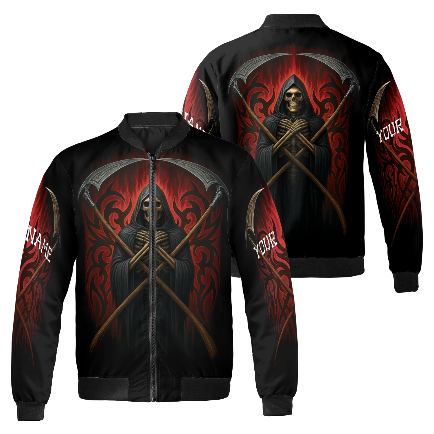 Personalized Grim Reaper Flame Horror Halloween Spooky Season Bomber Jaket
