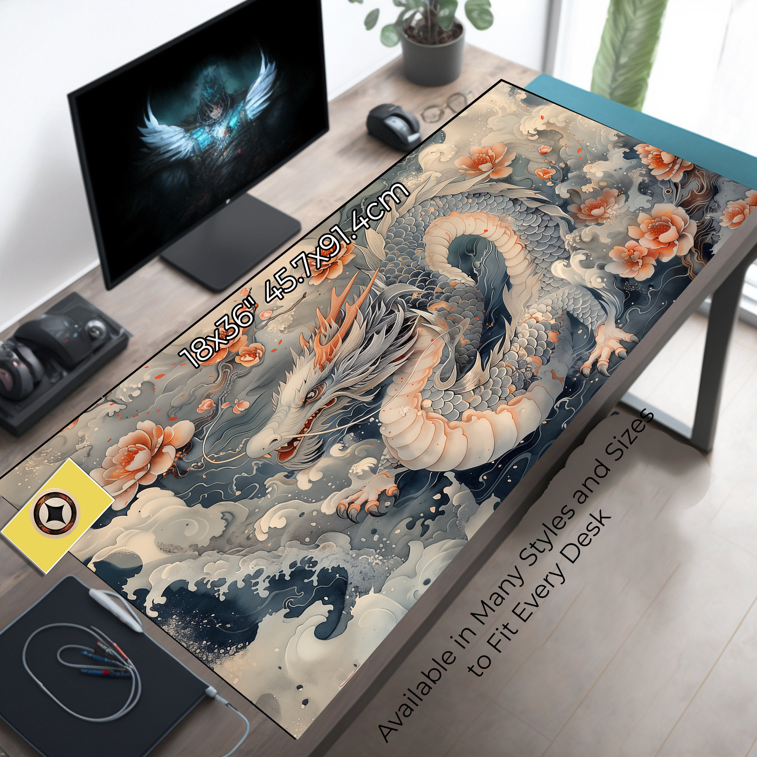 Japanese Dragon Desk Pad - Lotus Dragon Mouse Mat - Fantasy Desk Mat