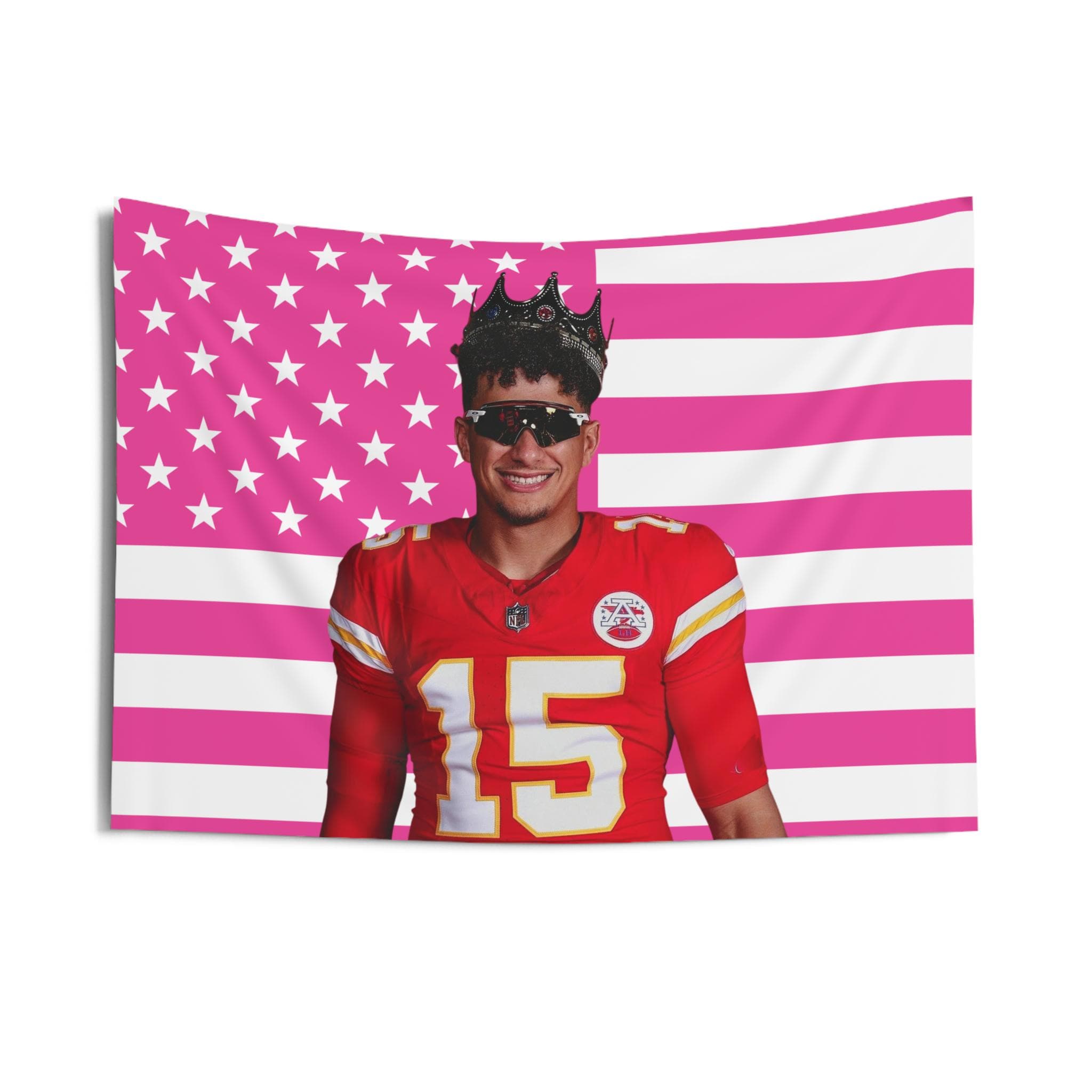 Patrick Mahomes Crown & Sunglasses Tapestry, US Pink Flag Wall Hanging, Indoor Decor