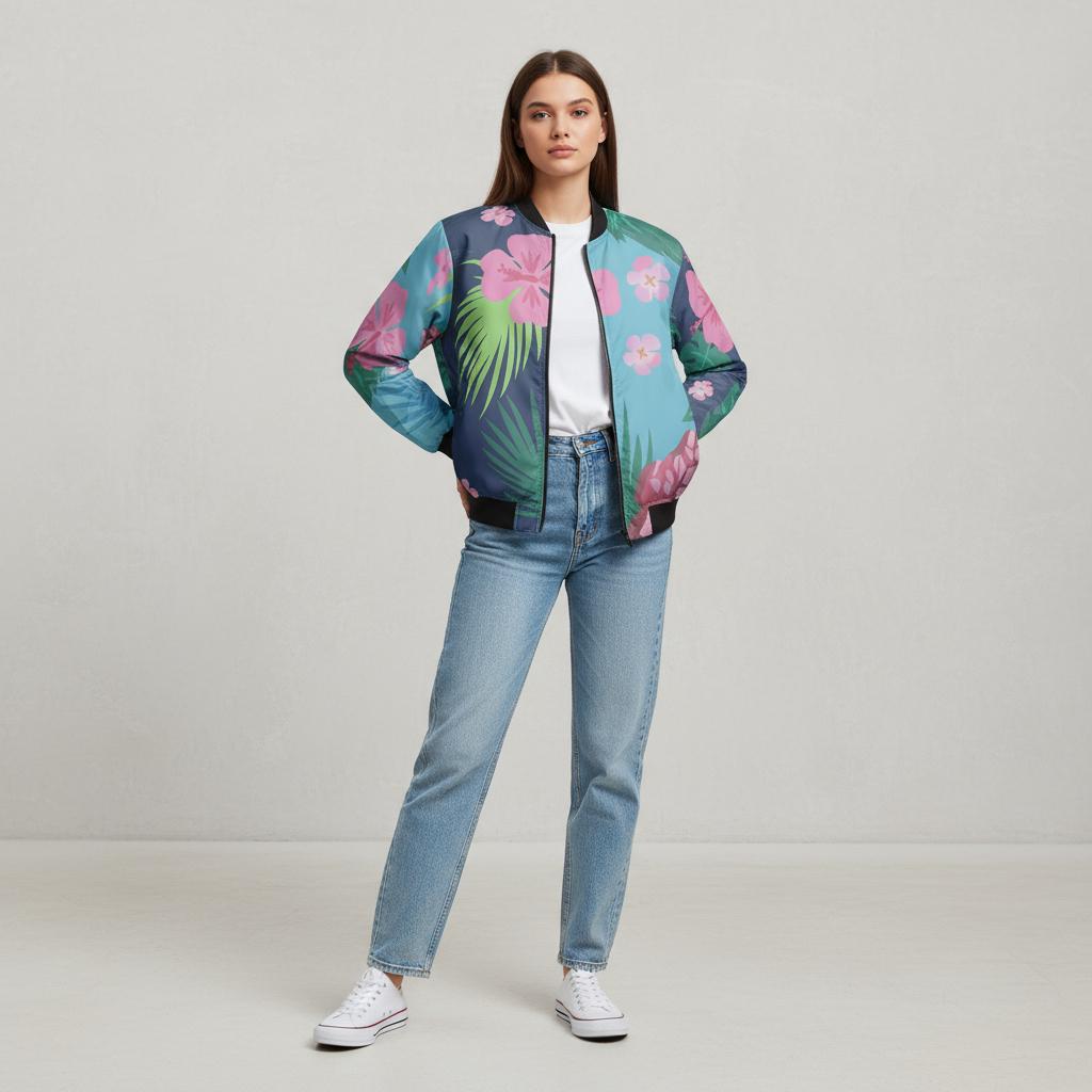 Floral Hibiscus Bomber Jacket: Fleece-Lined K-Pop Cosplay Streetwear