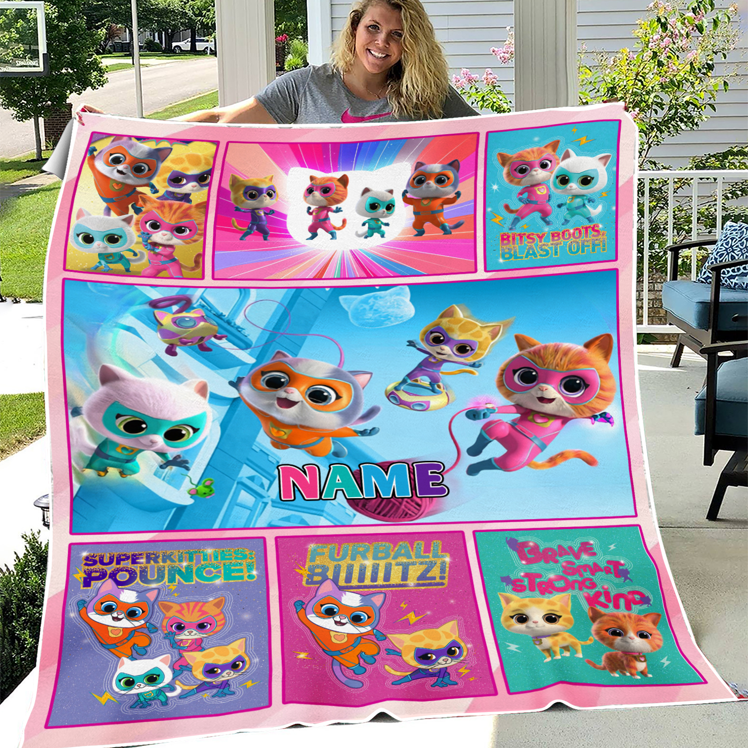 Personalized SuperKitties Cat Blanket, Ginny Sparks Buddy And Bitsy Fleece Blanket