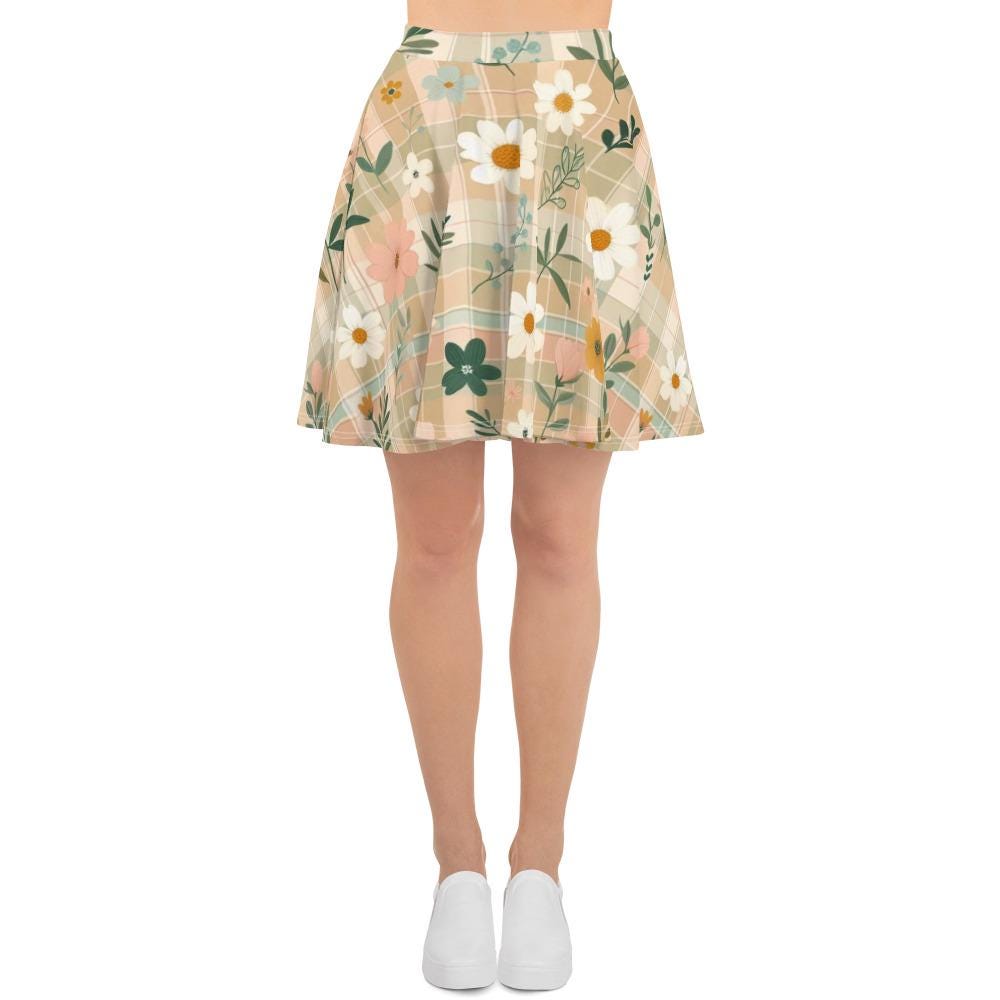 Women's Spring Floral Plaid Skater Skirt - Elastic Waist - Comfortable & Cute