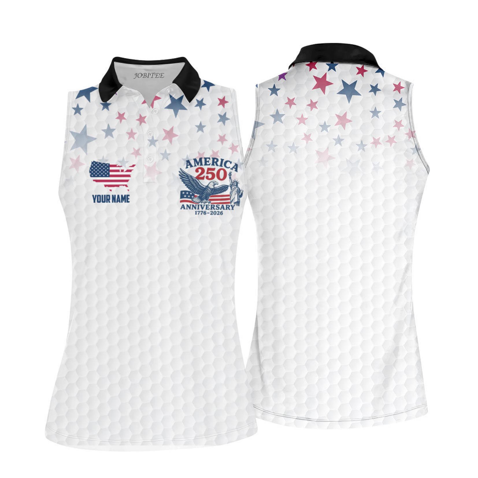 Women Sleeveless Golf Polo America 250 Shirt, Patriotic USA Flag Custom Name Polo for Women