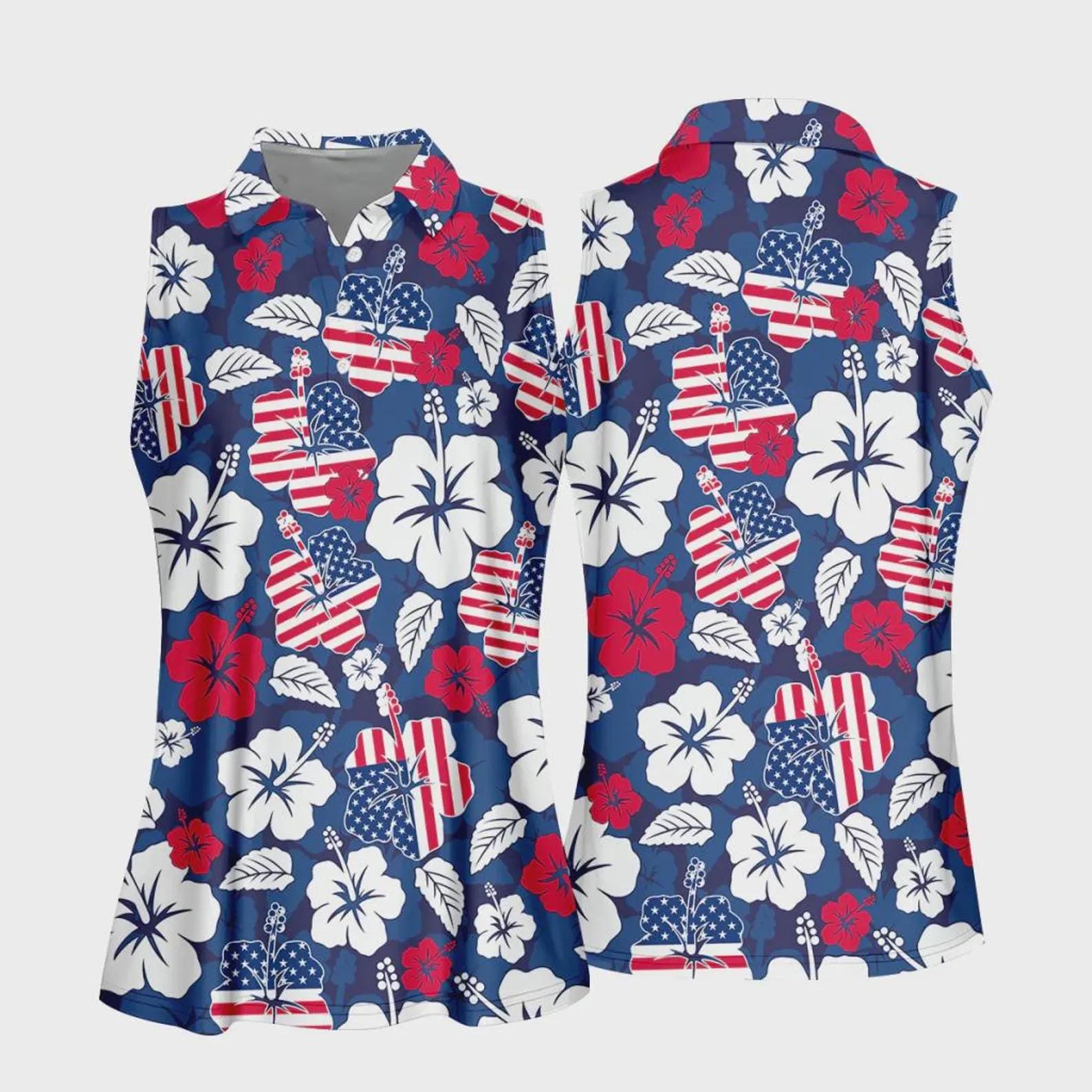 Patriotic Hibiscus Golf Polo Shirt, Floral Sleeveless Polo, 4th of July Women's Performance Golf Top
