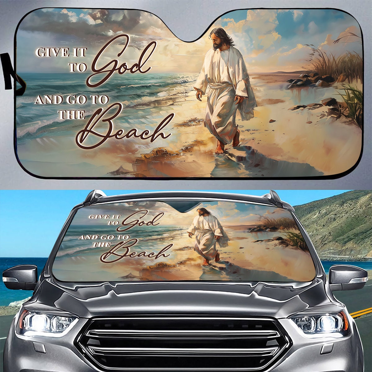 Teesdily Jesus Beach Car Windshield Sun Shade, Give It To God And Go To The Beach Car Window Sunshade, Christian Religious Folding Sun Shade