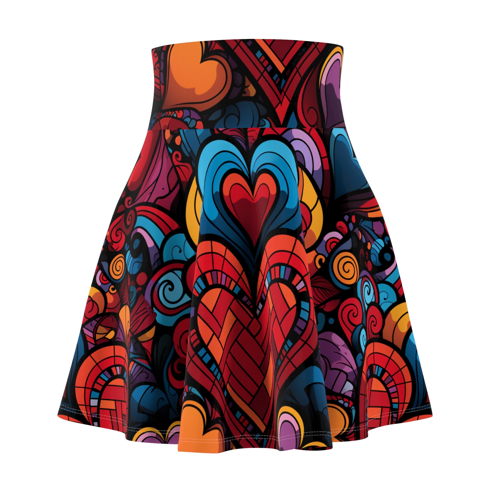Hearts Symphony Women's Skater Skirt, Colorful Hearts Skirt by Amor4Life, Model 1