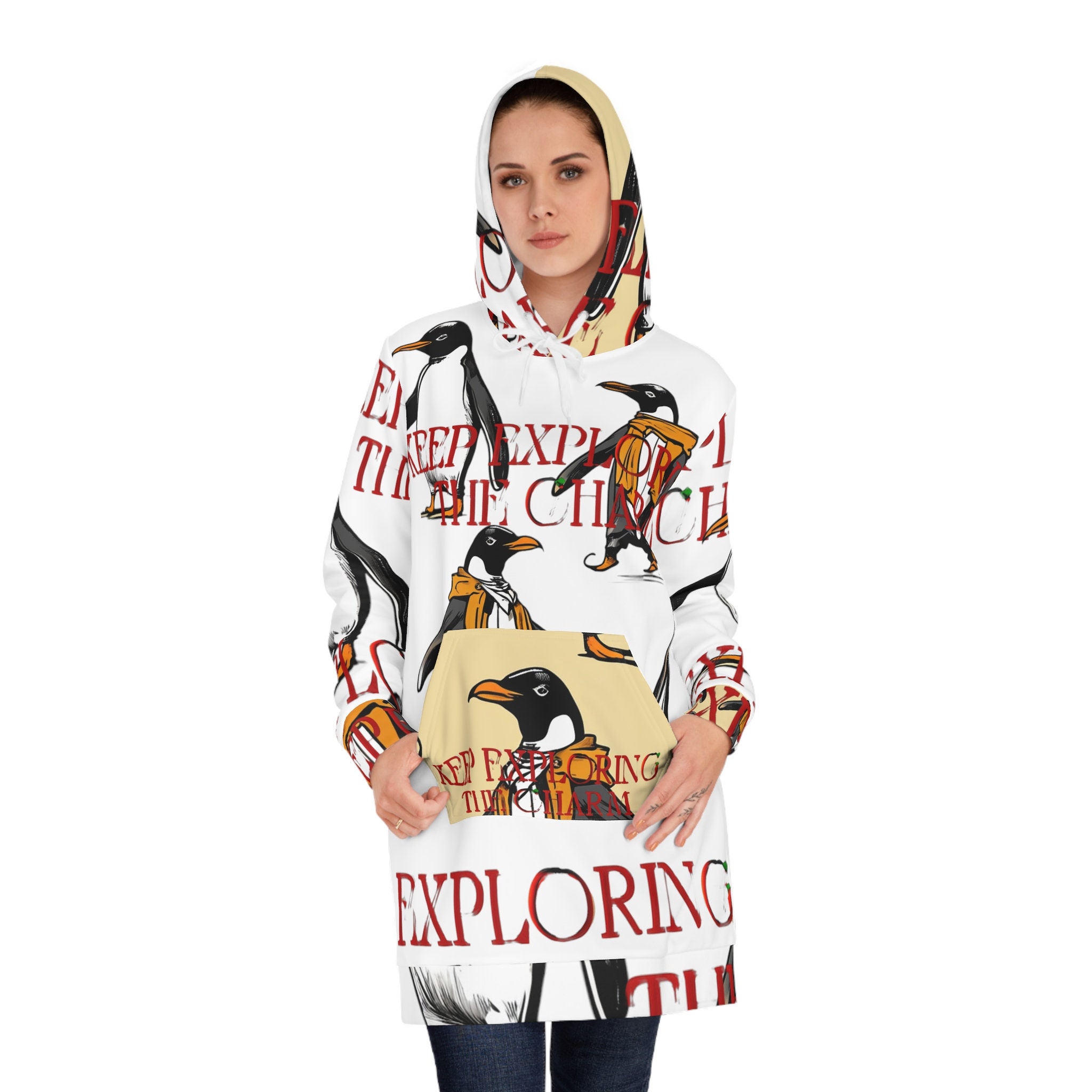 Women's Hoodie Dress (AOP), Embrace winter vibes with these cute penguins on your hoodie, Christmas Gift for Birthday and Valentine