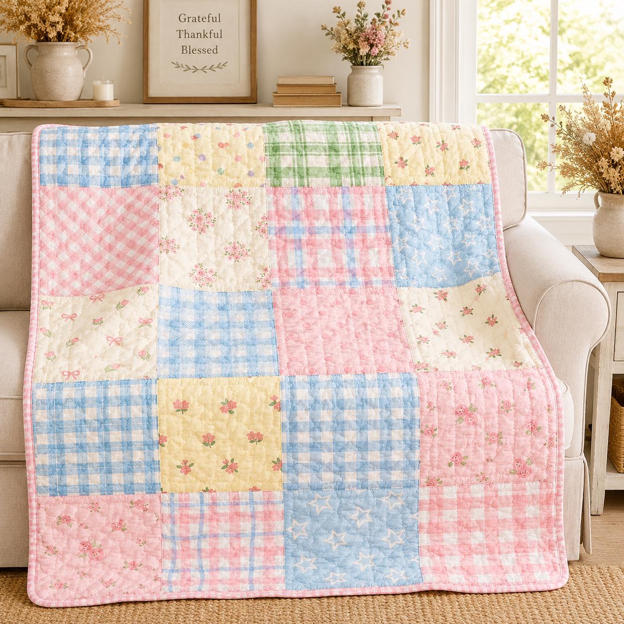 Pastel Patchwork Quilt, Floral Cottagecore Bedspread, Vintage Blanket, Cozy Farmhouse Bedding, Handmade Style Quilt