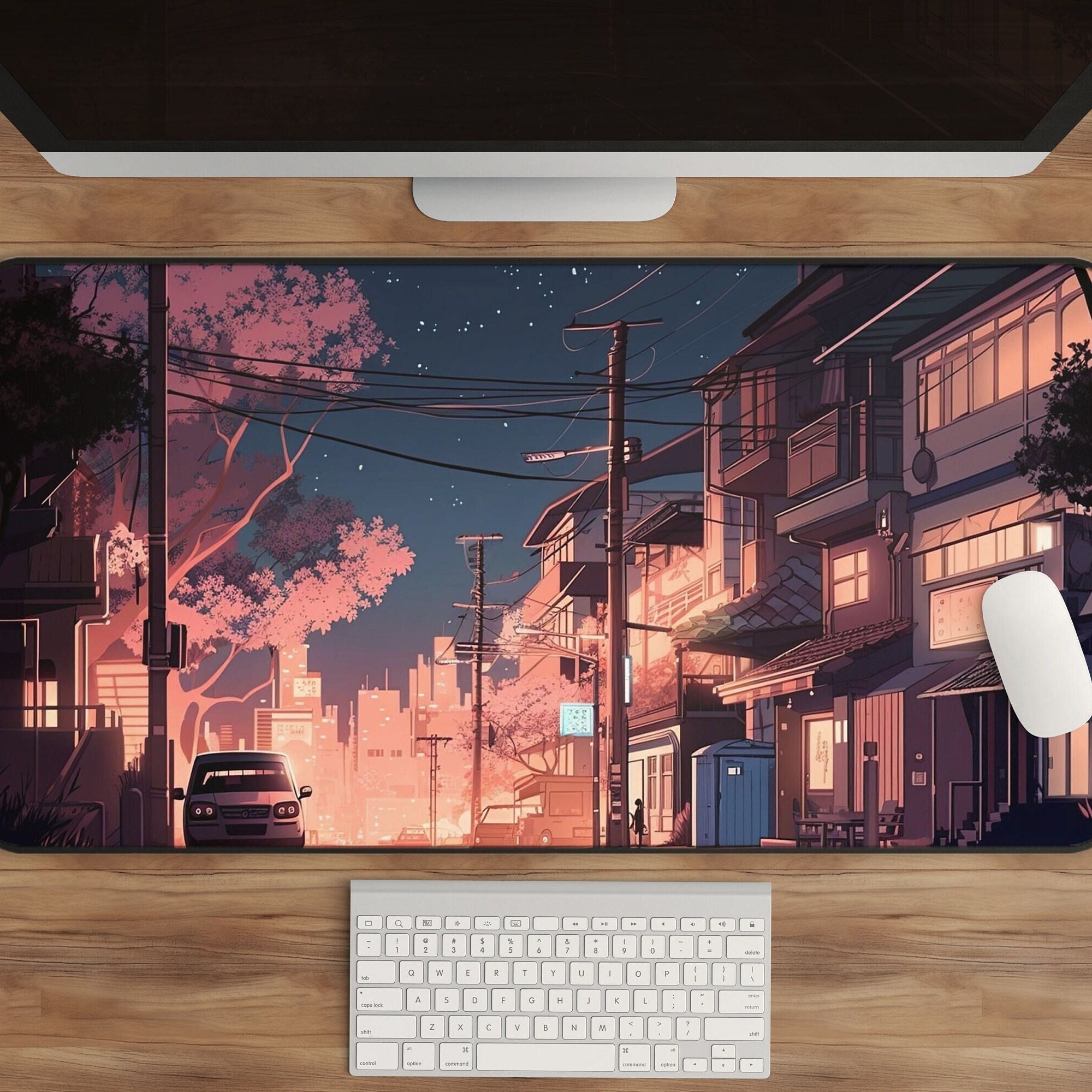 XL Lofi Anime Desk Mat - Tokyo Sakura Night Cityscape Gaming Mousepad