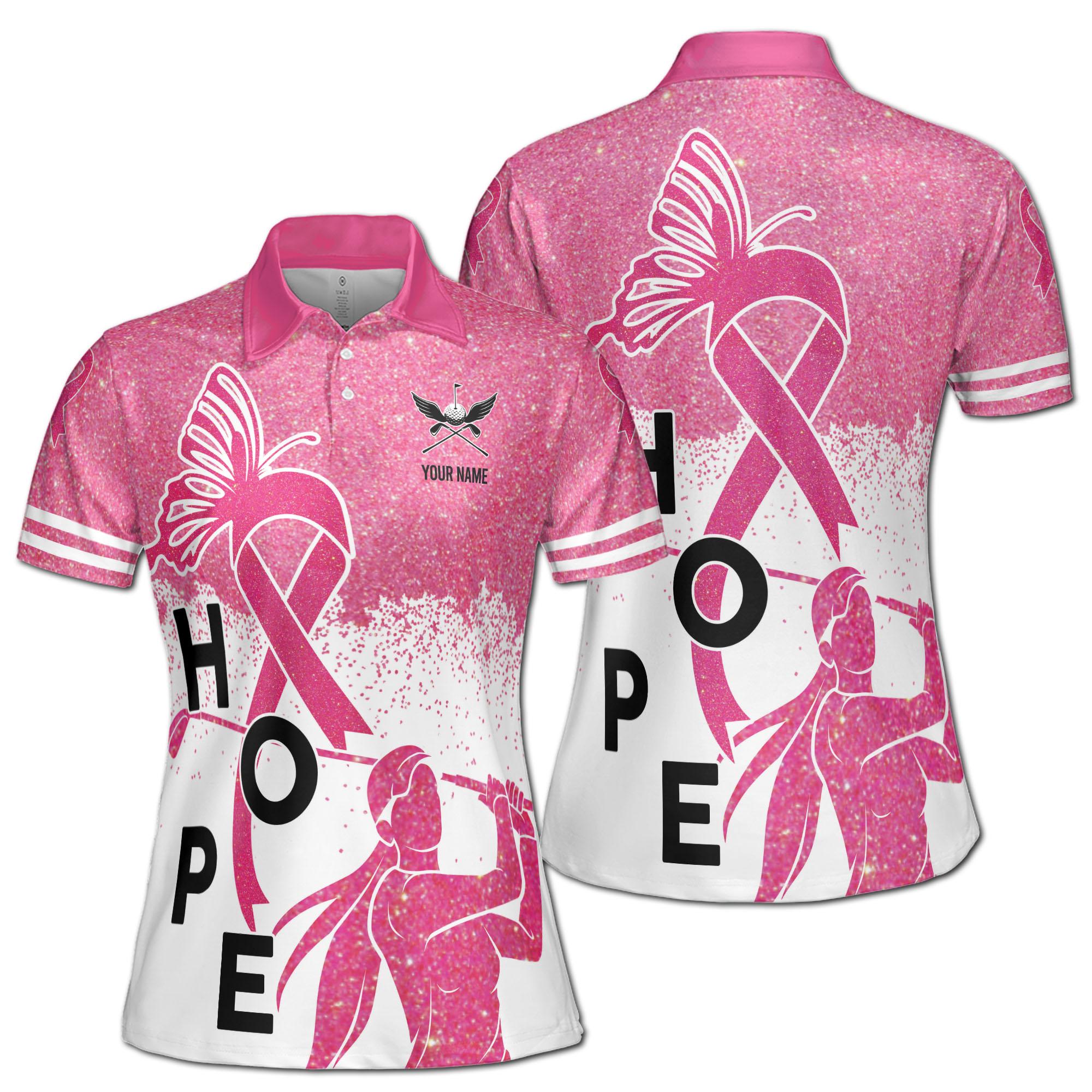 Custom Name Pink Glitter Hope Breast Cancer Month Lady Golfer Women's Polo Shirt