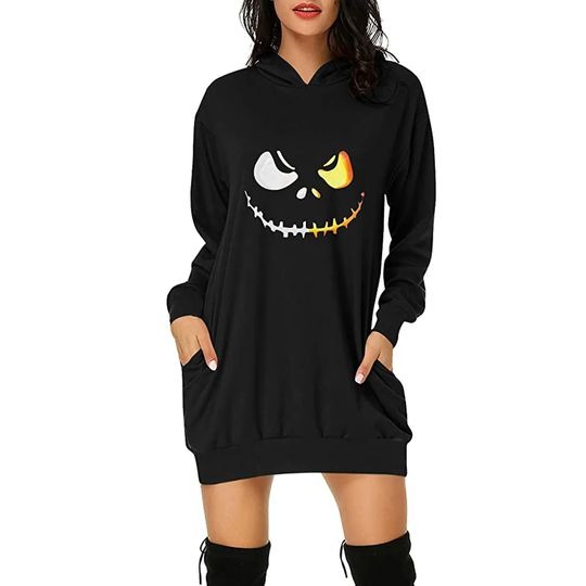 Halloween Black Smile Printed Hoodie Dress Horror Women's Daily Workout Hoodies Long Sleeve Pullover Autumn Pocket Tee Vestido