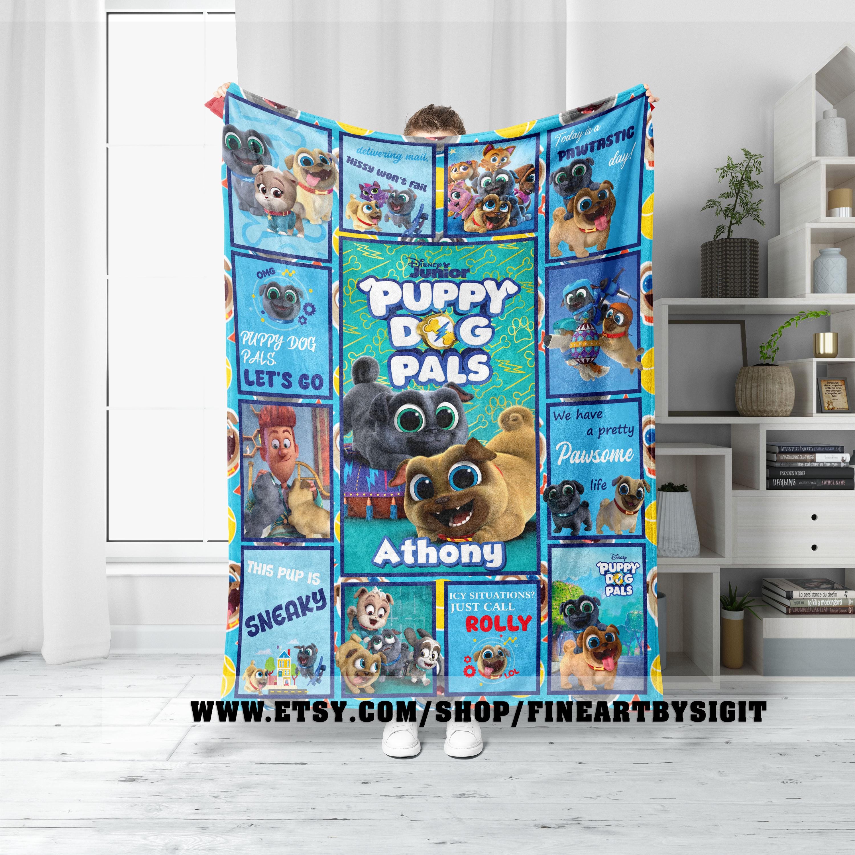 Custom Name Puppy Dog Pals Blanket, Bingo And Rolly Kids Blanket, Kids Name Blanket, Custom Name Dog Blanket Gift, Gift For Christmas