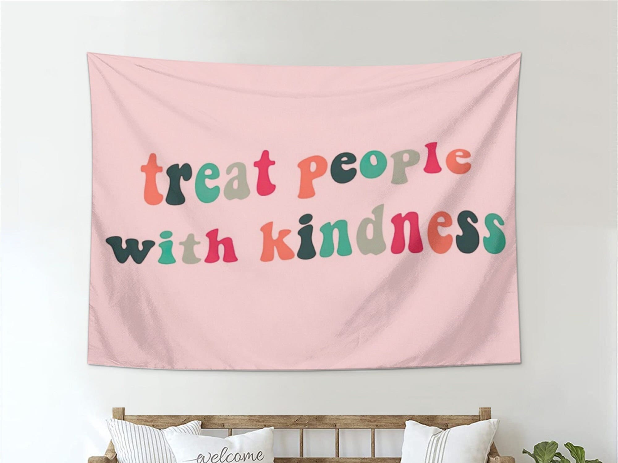 Pink Treat People with Kindness Tapestry Boutique Vintage Wall Hanging Tapestry