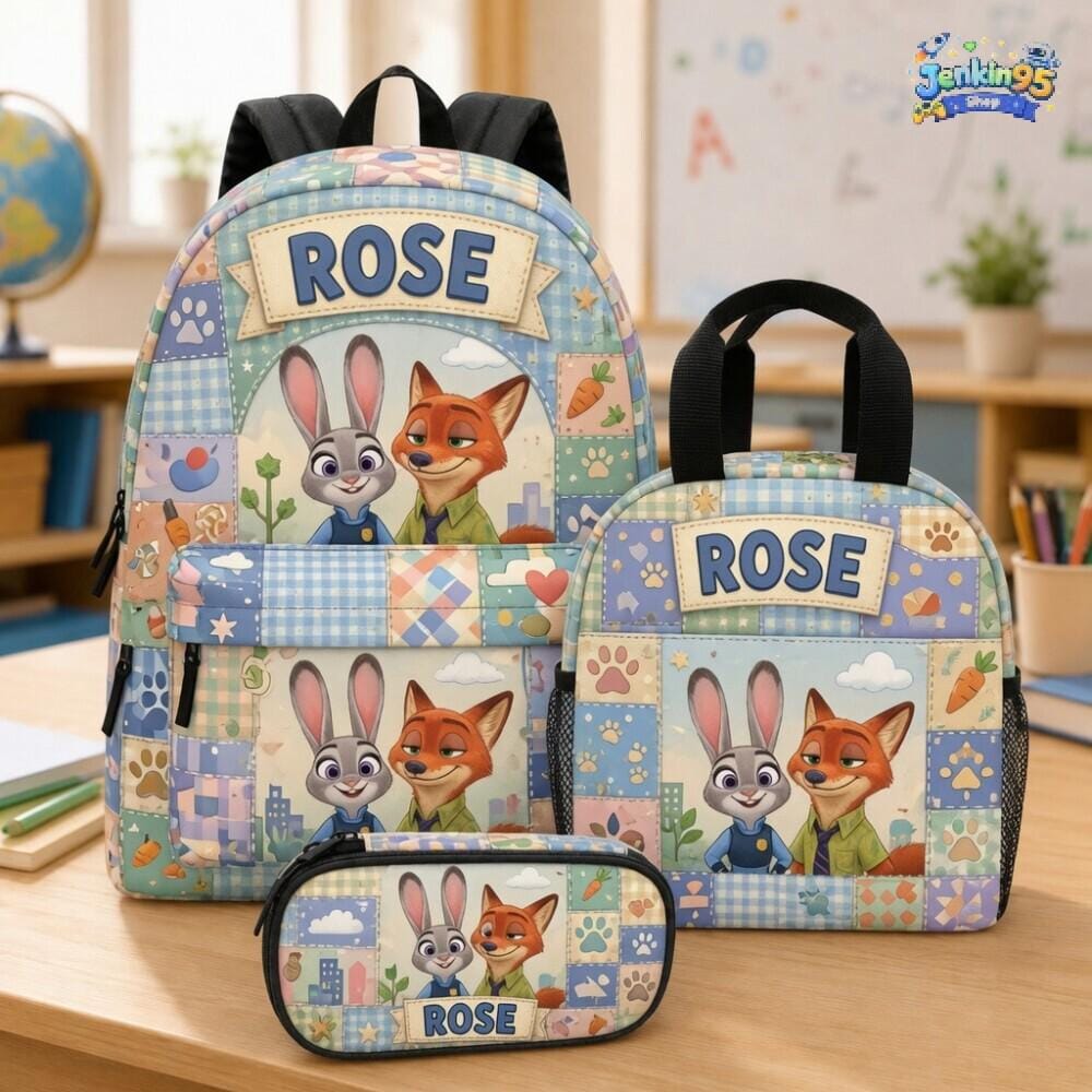 Personalized Backpack Set, Custom Judy Lunch Box, Pencil Case, Nick School Bag, Gift for Girls, Rabbit And Fox Gift