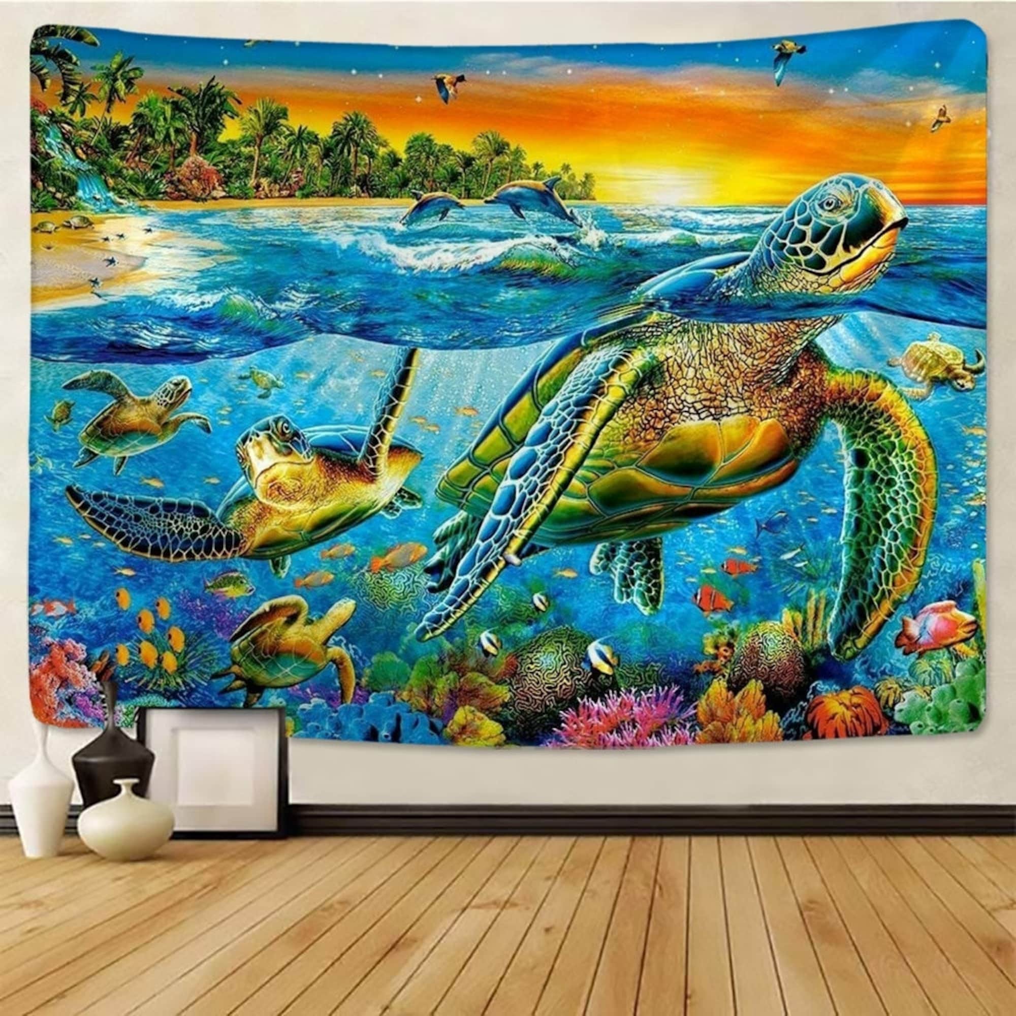 Underwater World Tapestry Wall Hanging With Sea Turtle Dolphins Fish Coral Ocean Tapestries