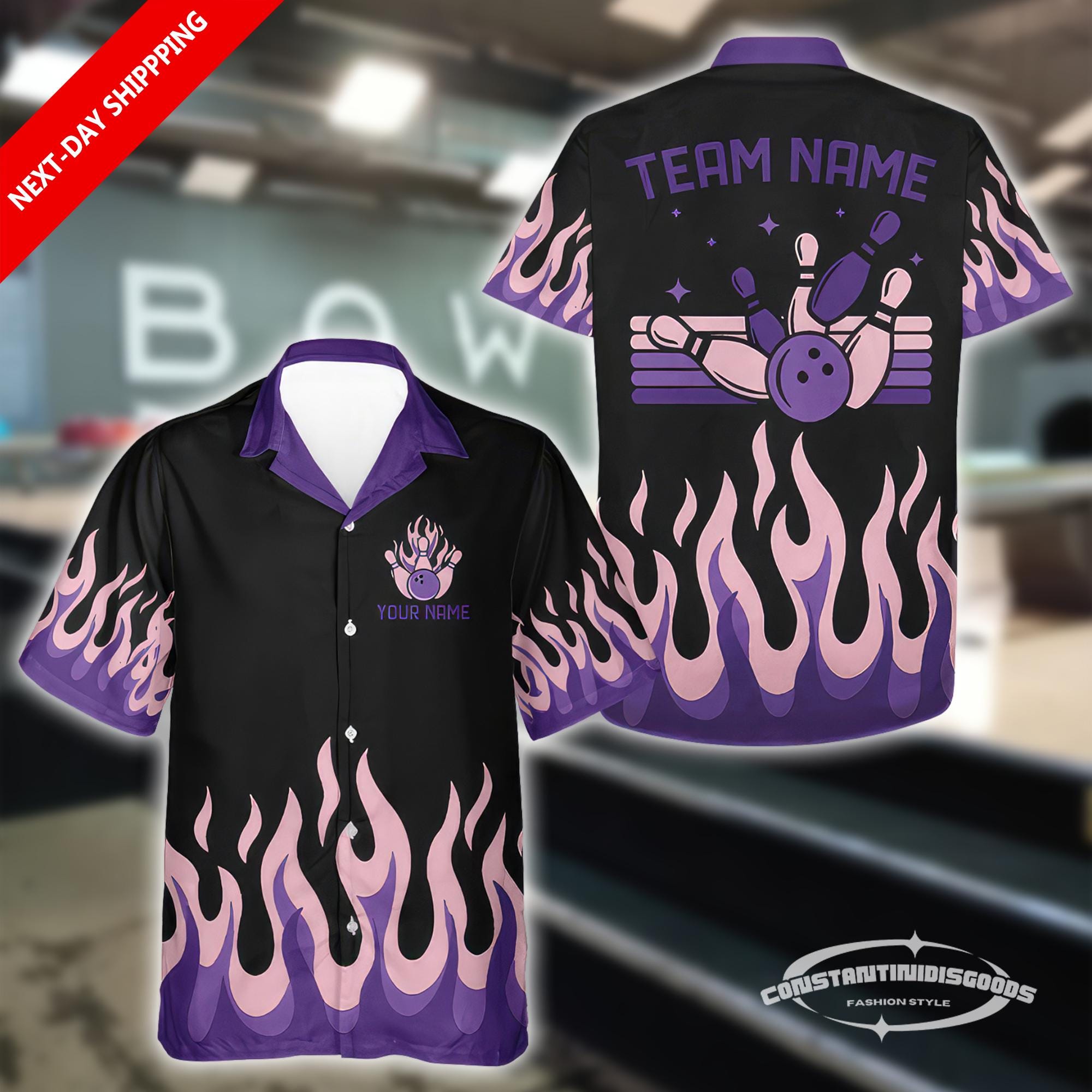 Personalized Black and Purple Flame Hawaiian Shirt, Custom Retro Bowling Button Up for Team Events, Great Gift for Bowling Lovers