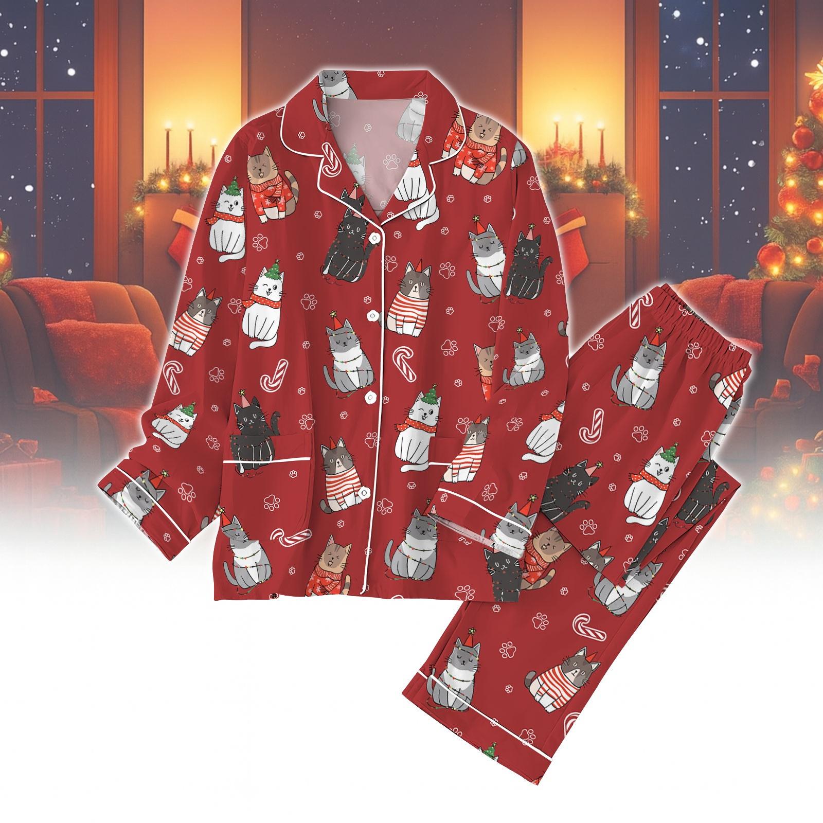 Red Cat Christmas Pajamas, Funny Cat Lover Pajamas, Cozy Holiday Sleepwear Gift for Women Kids, Cute Cat Christmas Pajamas Gift