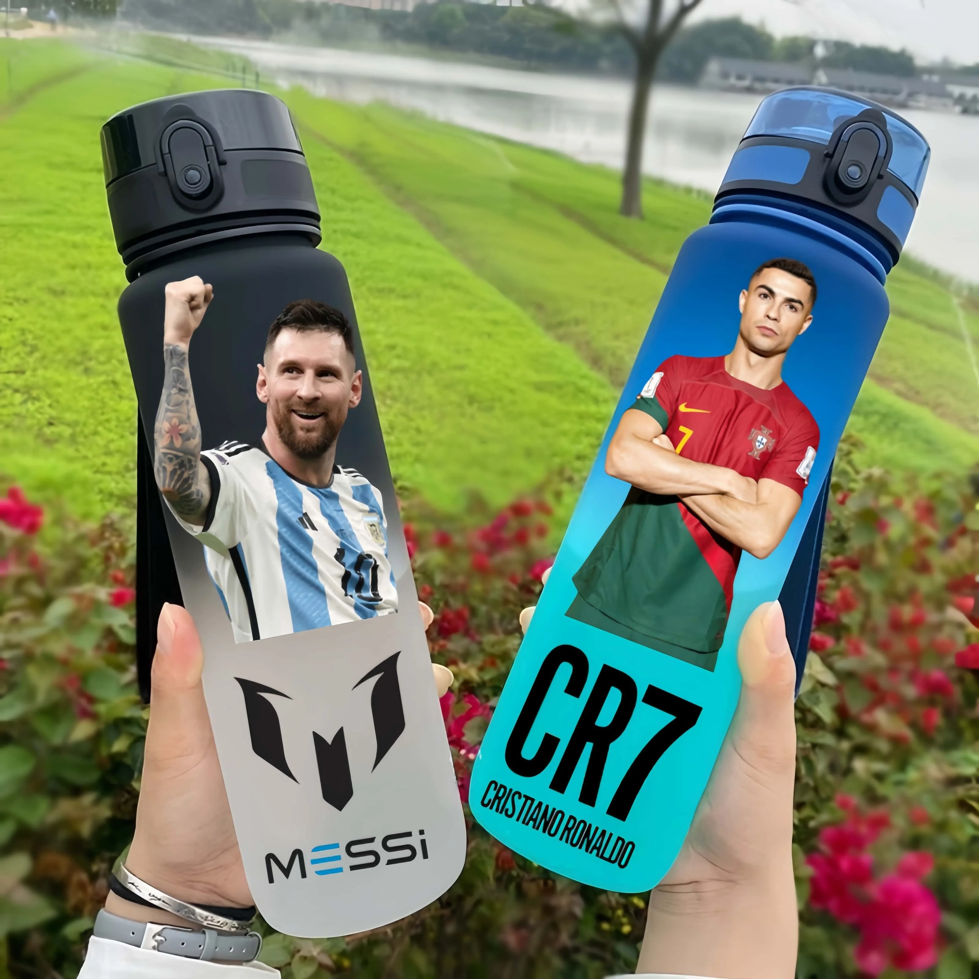 Ronaldo Messi Football Star Water Cup Portable Outdoor Large Capacity Sports Fitness Flip Cover Drinking Bottle Fans Gifts