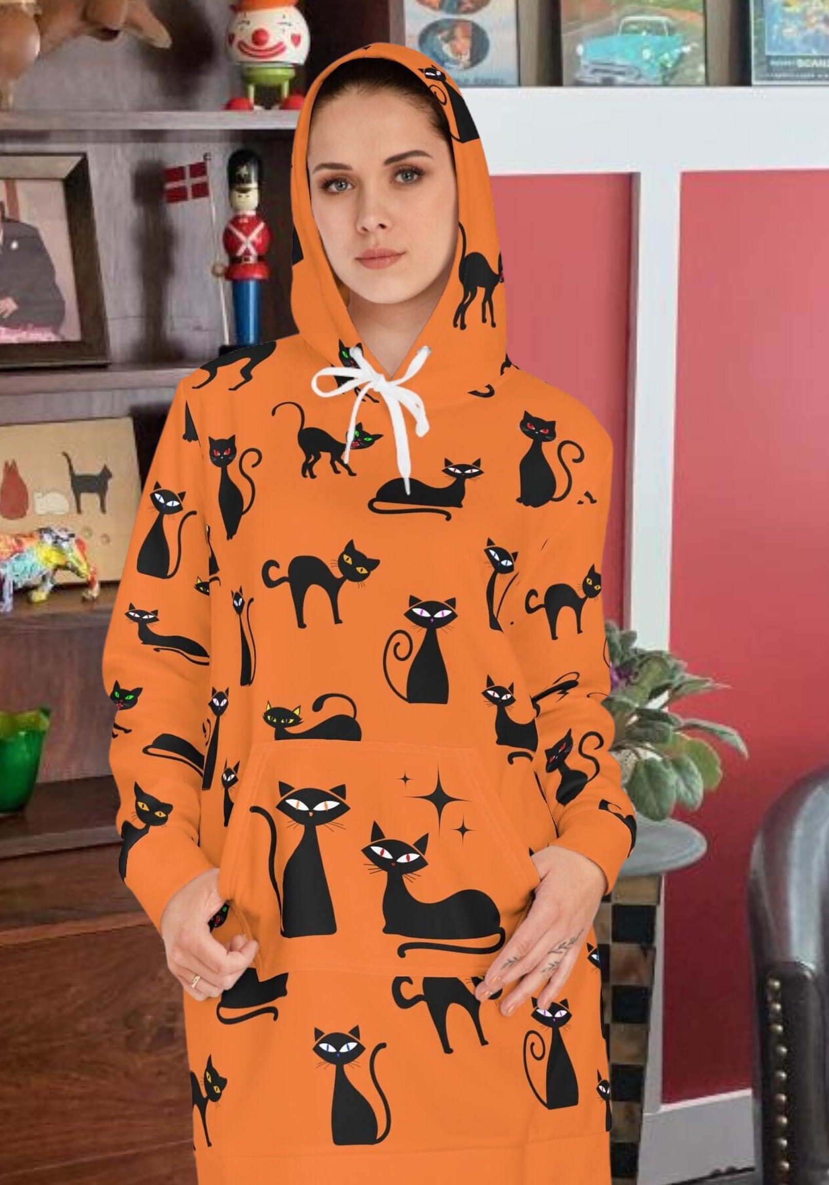 Vintage Black Cats orange Hoodie Dress Long Sleeve, Halloween Cosplay Costume, Gift For Women