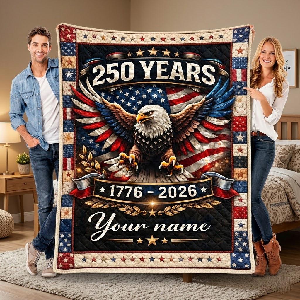 Custom America 250th Anniversary Quilt Blanket, Patriotic USA Quilt Throw, Independence Day Home Decor, Custom 1776 2026 USA 250th Gift