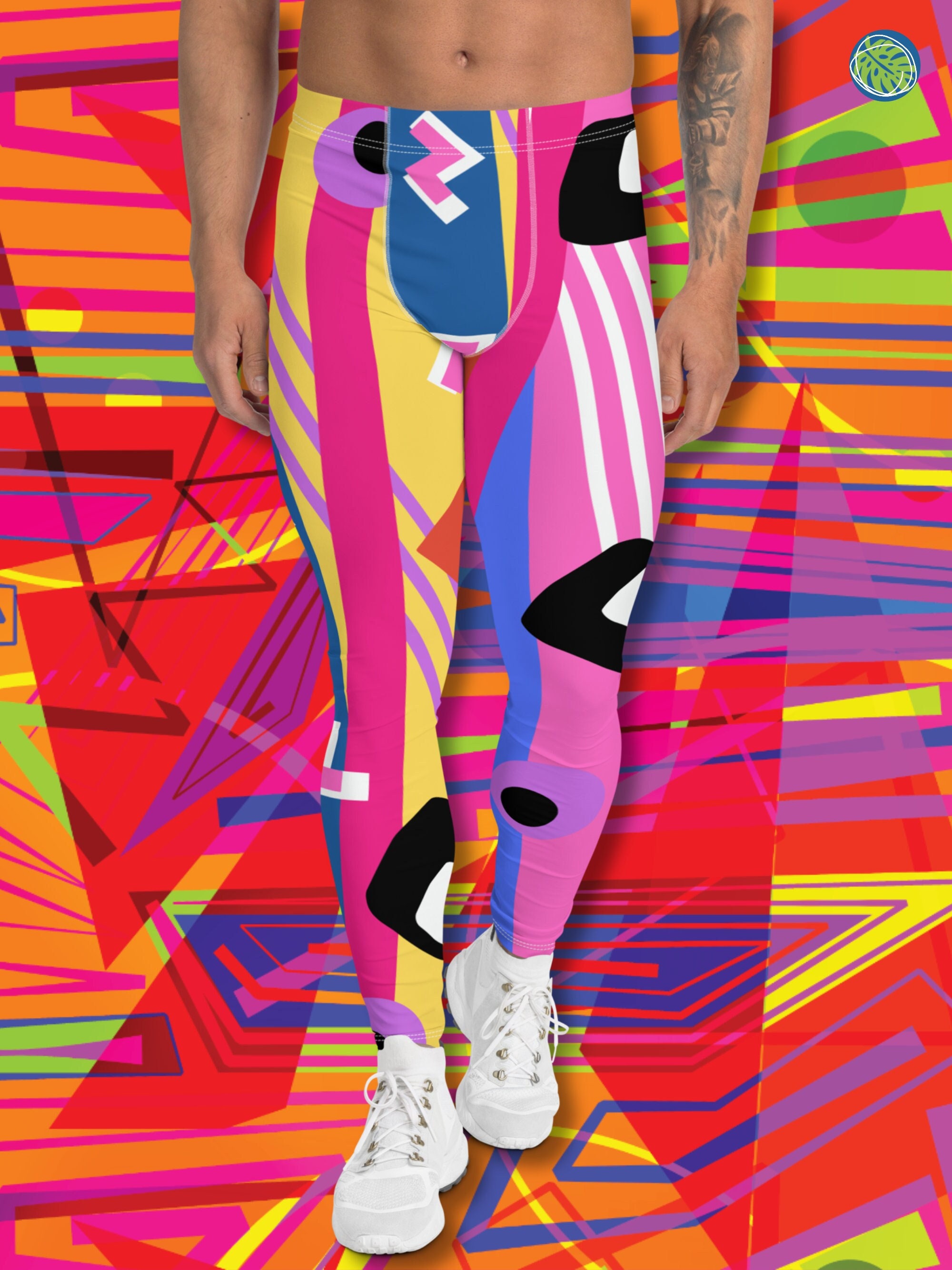 Mens Leggings, Geometric Print Harajuku, 80s Memphis Pink Blue Festival Meggings
