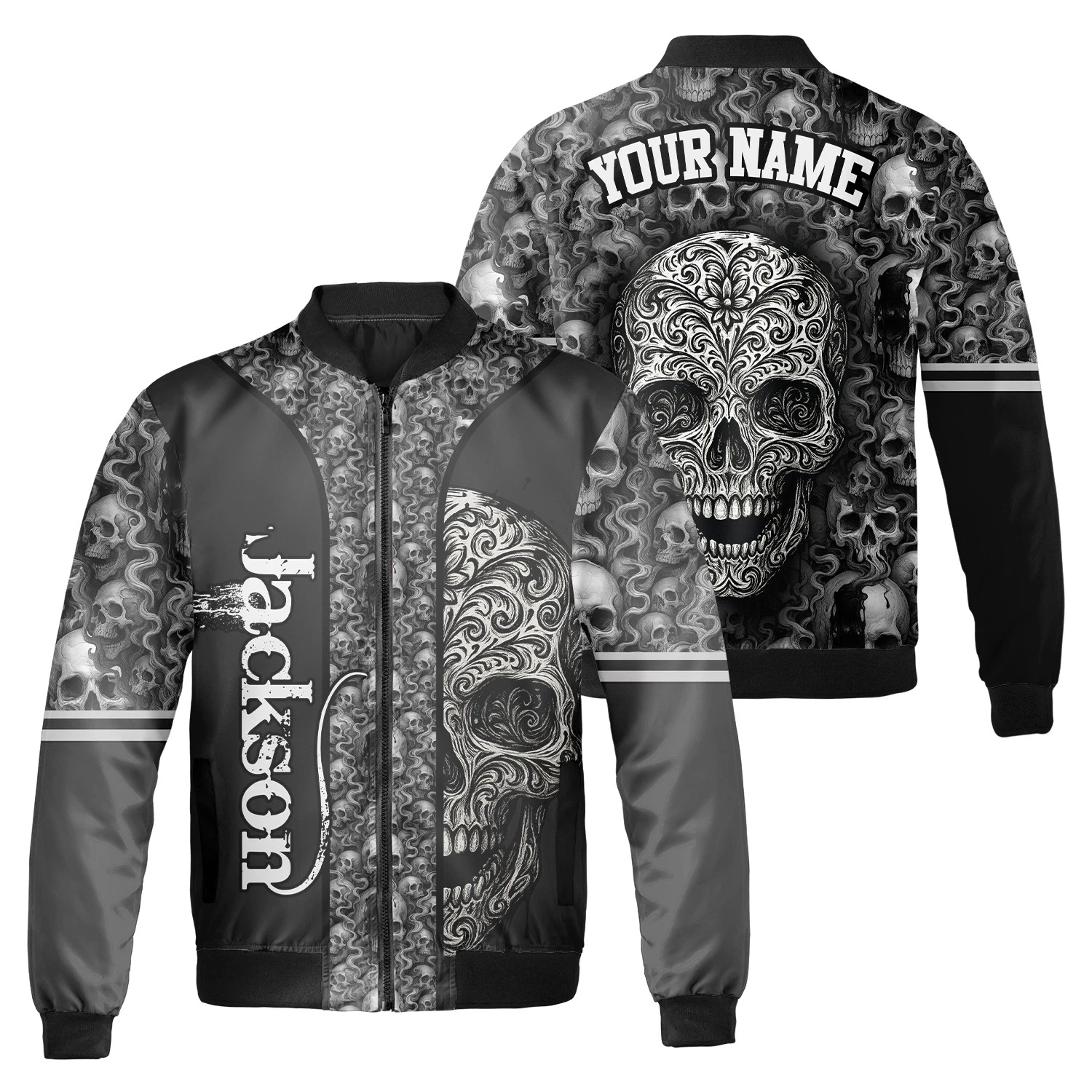 Personalized Silver Skull Gothic Tattoo Horror Halloween Bomber Jacket