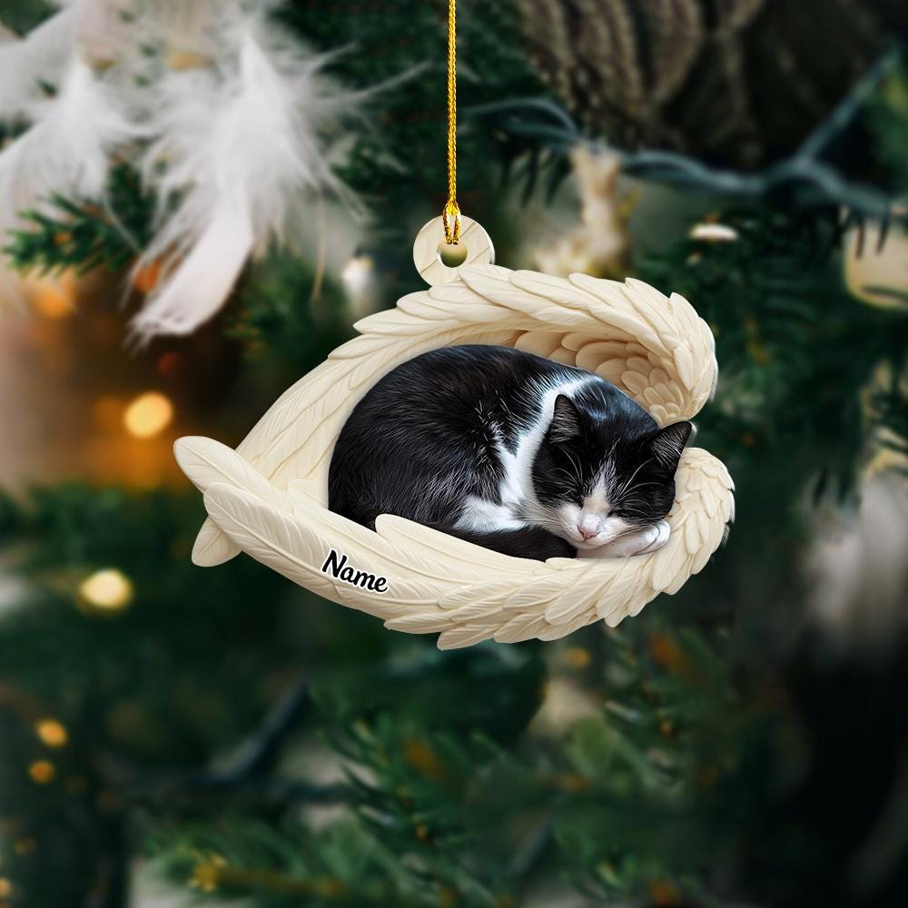 Personalized Tuxedo Cat Sleeping Angel Wings Ornament, Tuxedo Cat Christmas Ornament Gift, Gift For Pet Lovers