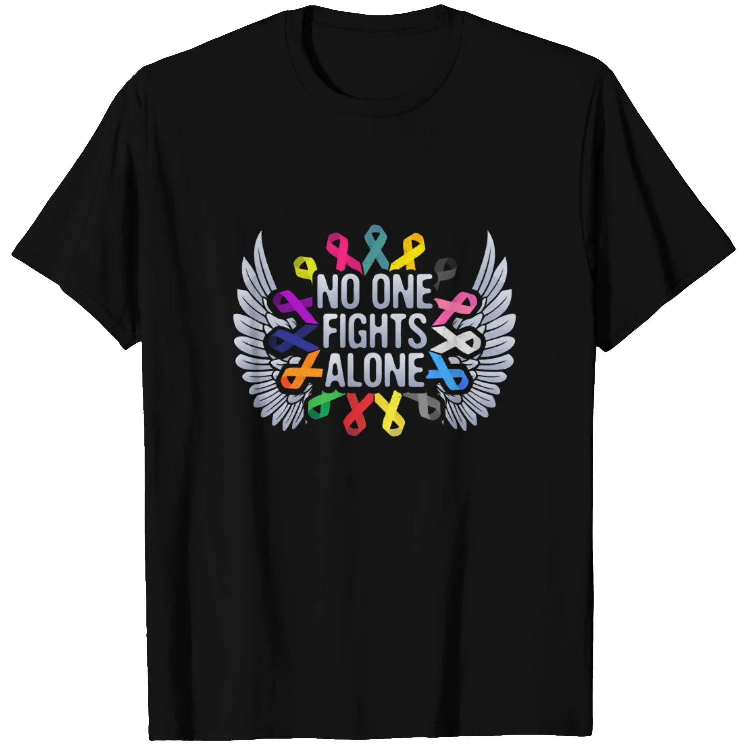 No One Fights Alone Multicolor Ribbon For Cancer Awareness T Shirt