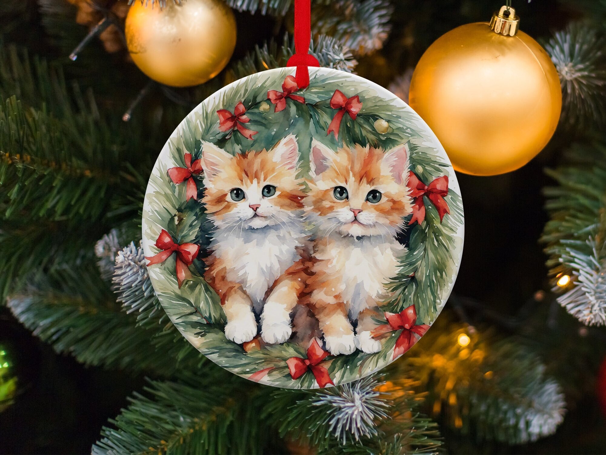 Kittens Round Ceramic Christmas Ornament, Cute Xmas Tree Decor, Trendy Gift For Family And Friends, Gift For Christmas, Holiday Tree Decor