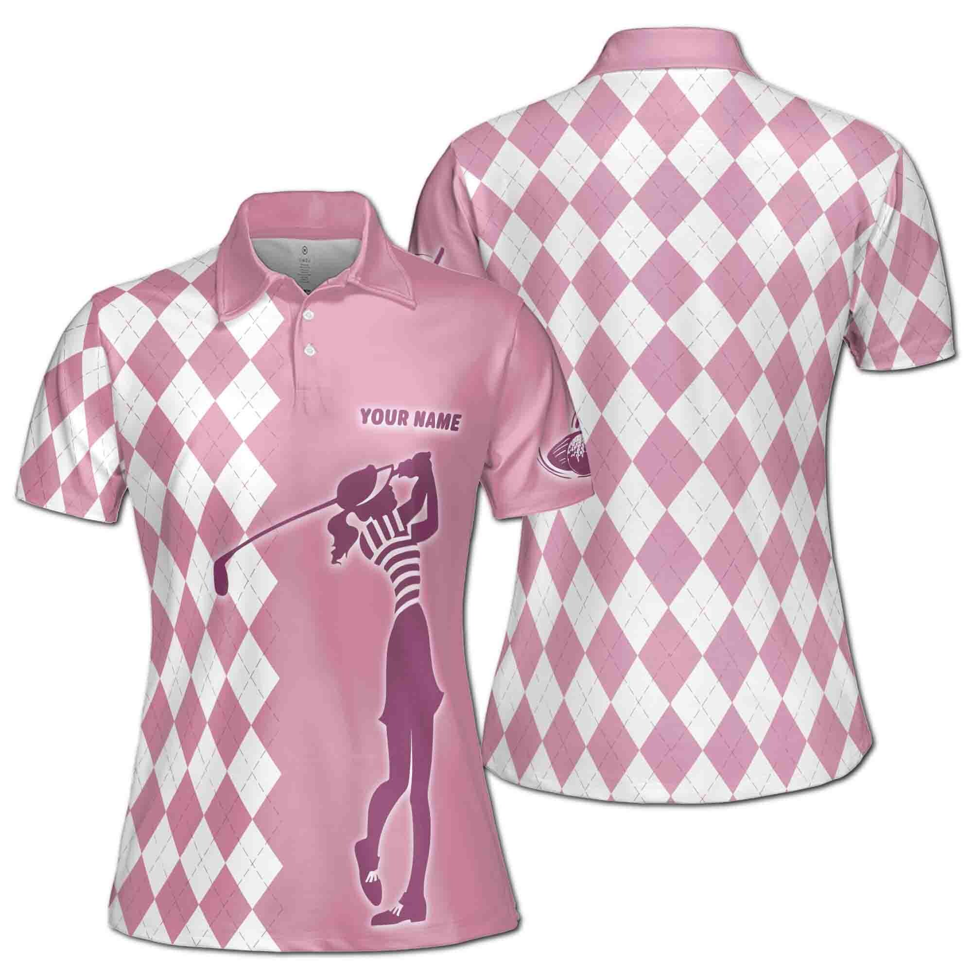 Customize Name Lady Girl Golfing Plaid Pattern Pink Golf Women 3D Polo Shirt
