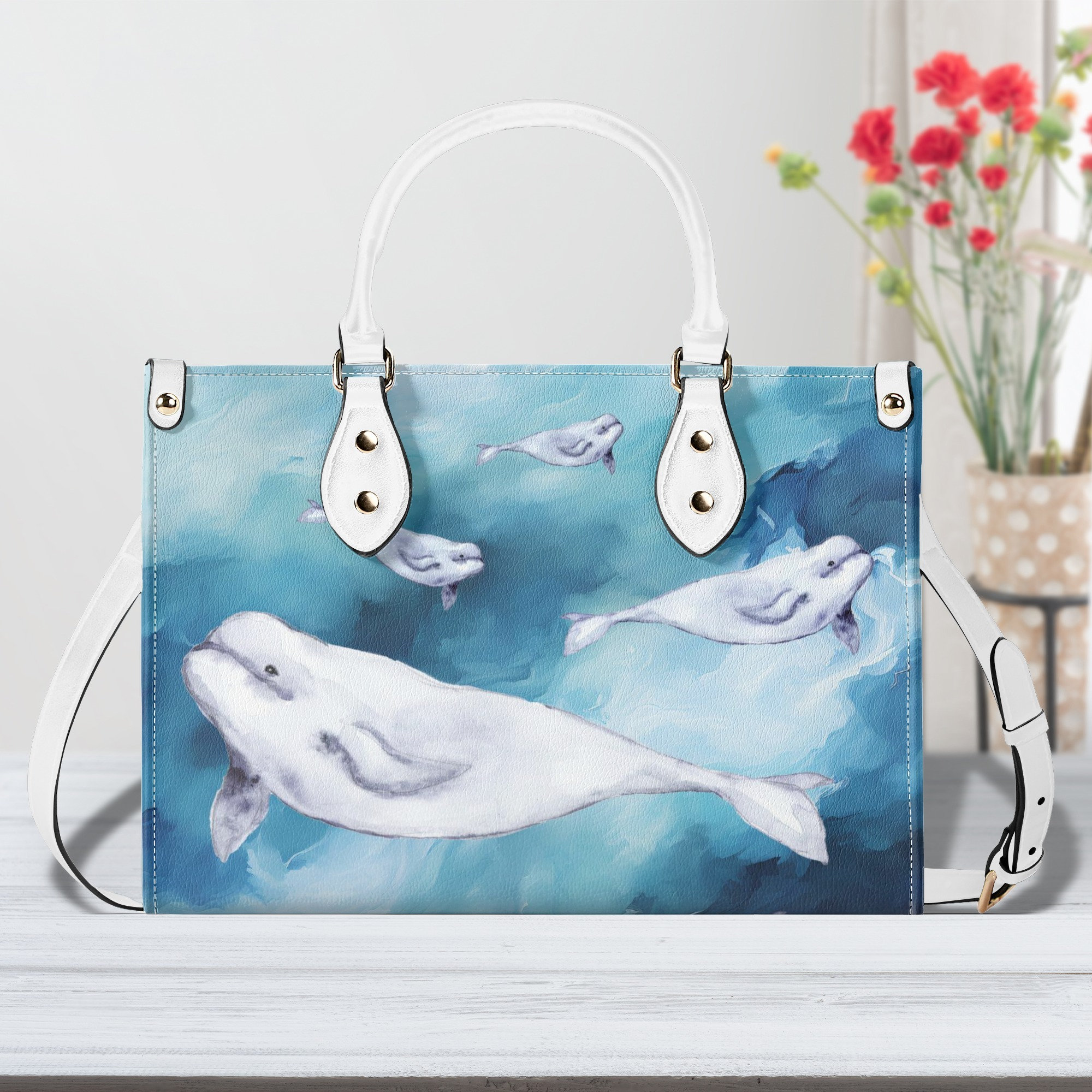 Serene Beluga Whale Purse Handbag, Vegan Leather Cottagecore Bag