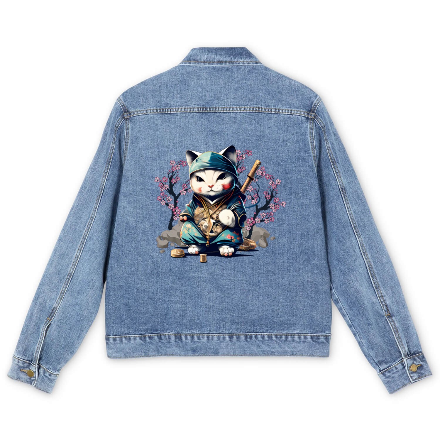 Samurai Cat Anime Kawaii Japanese Style Men's Denim Jackets