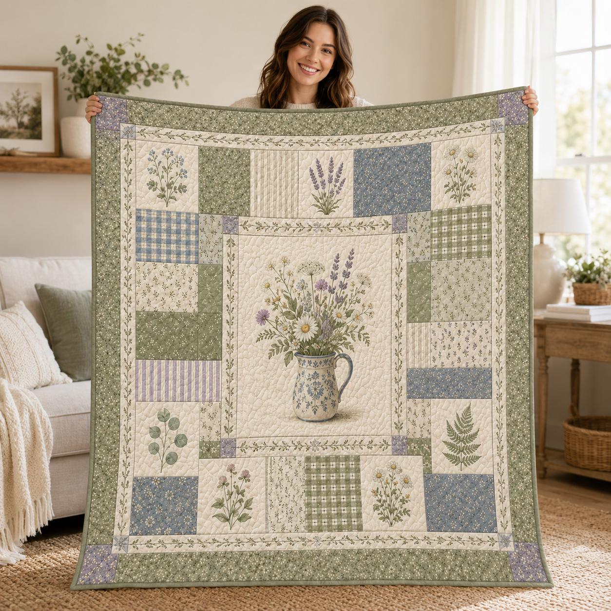 Sage Wildflower Quilt Blanket, Botanical Patchwork, Cottagecore Floral Bedding