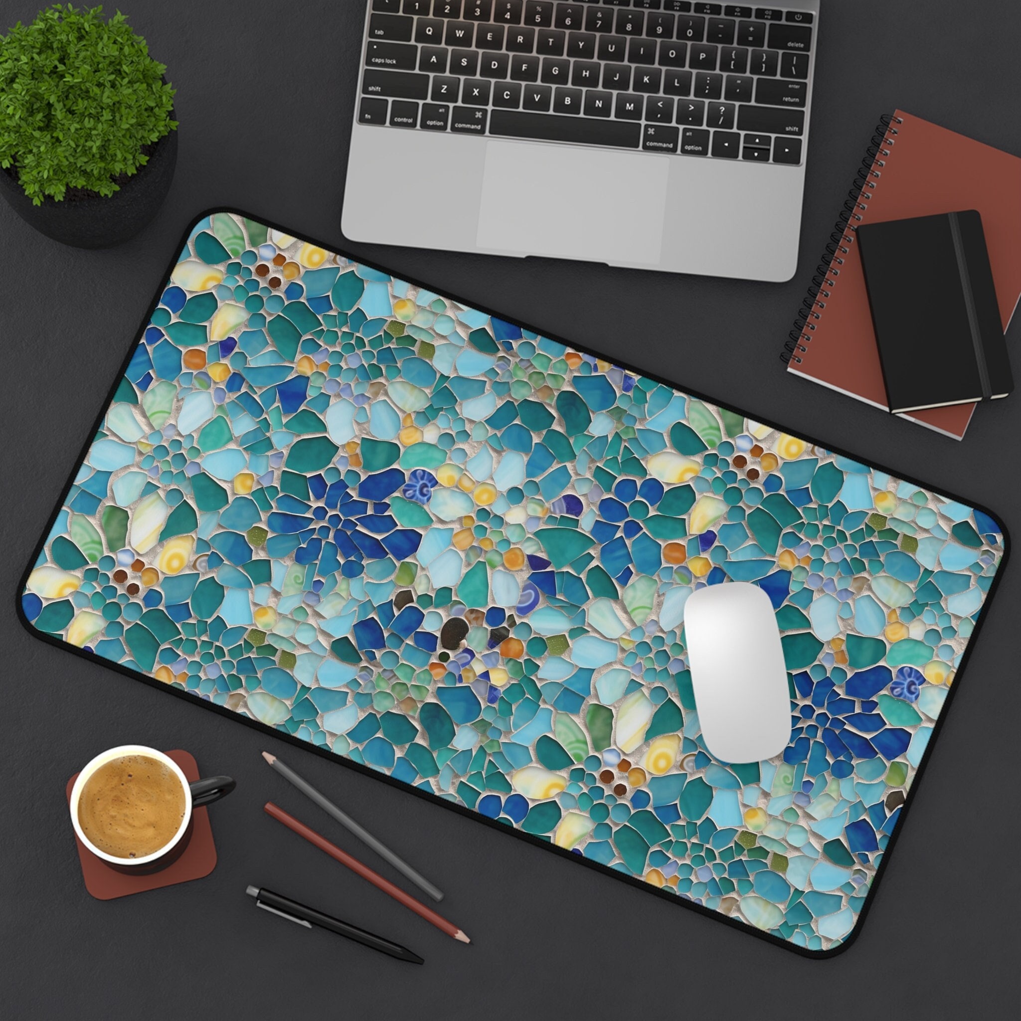 Mosaic Sea Glass Desk Mat - Aqua Teal Blue Colorful Flowers -