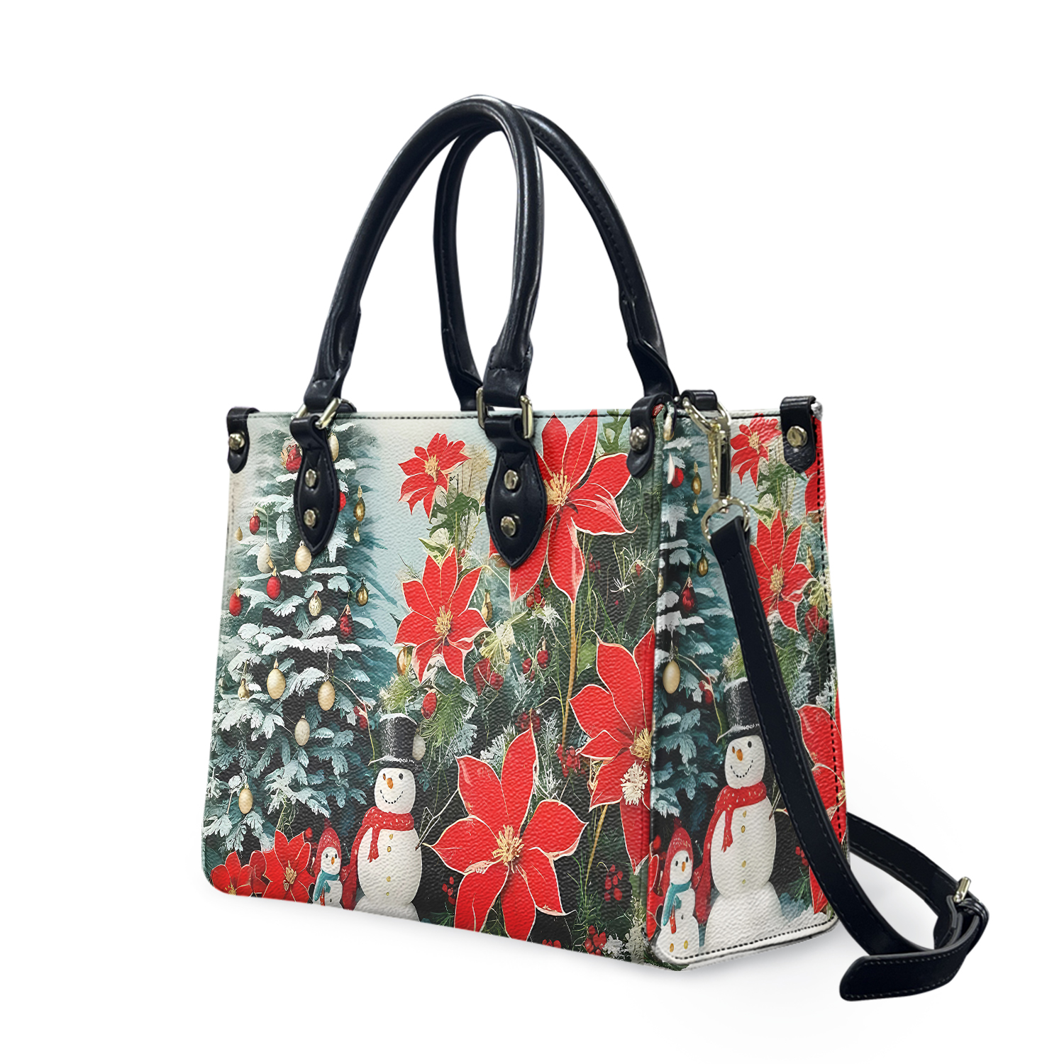 Luxury Women leather Handbag tote beautiful Christmas Holiday snowman poinsettia winter whimsical season design purse 3 size