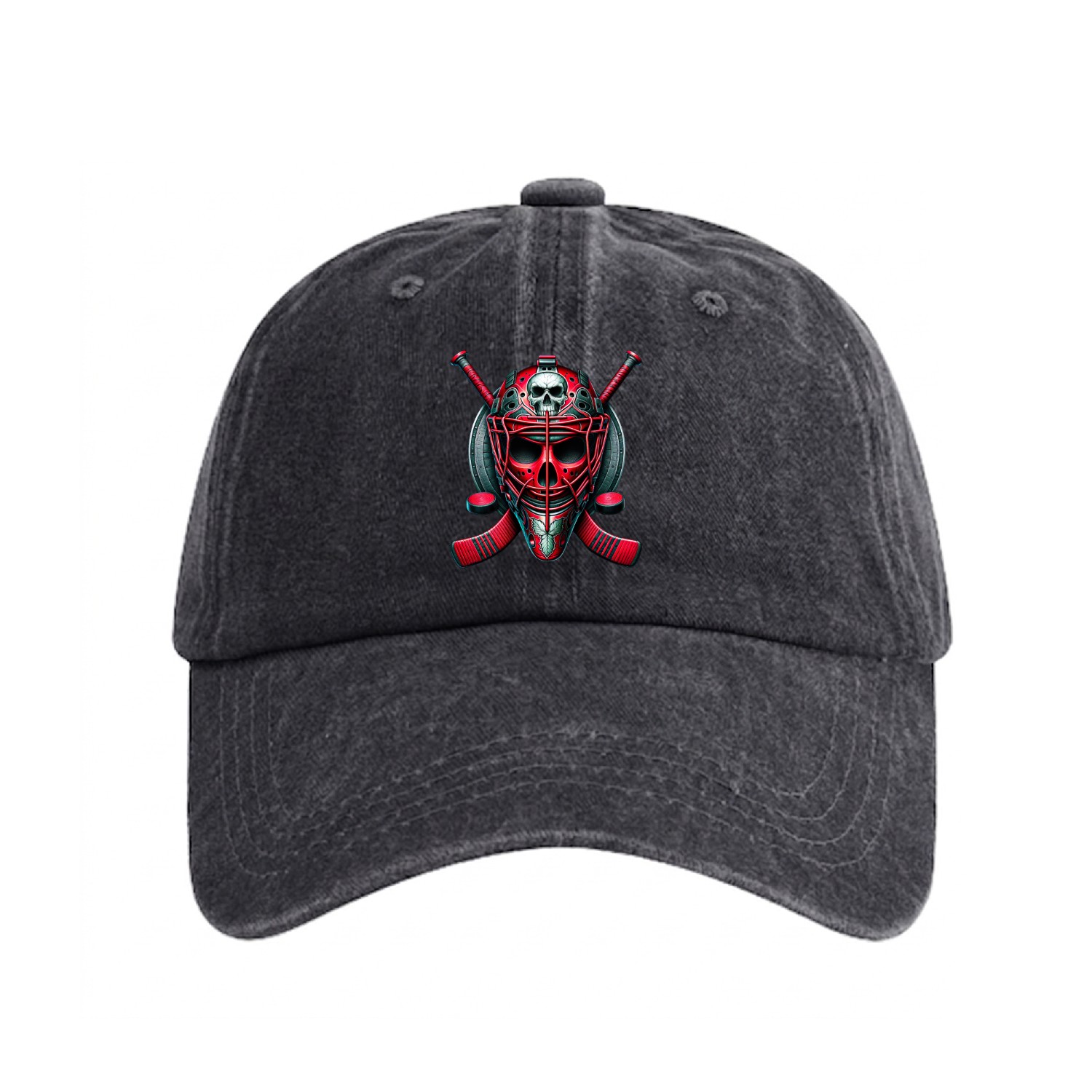 Red Skull Hockey Goalie Washed Denim Baseball Caps