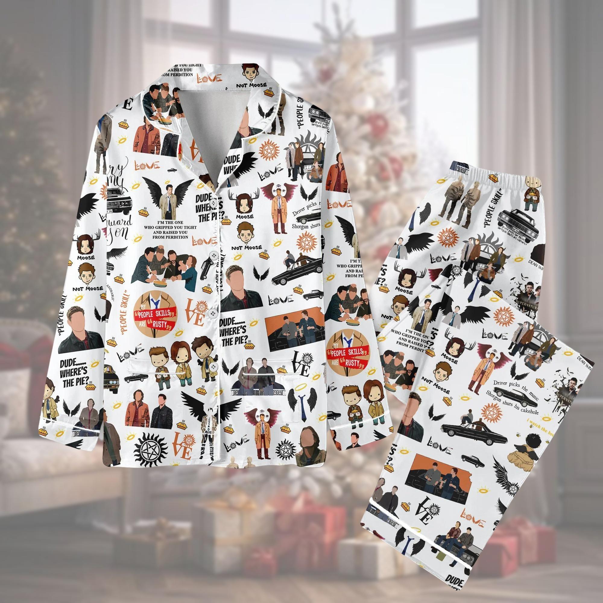 Christmas Supernatural Pajamas Set, Retro Dean Winchester Shirt, Winchester Brothers Pajamas For Party, Gift For Woman And Men