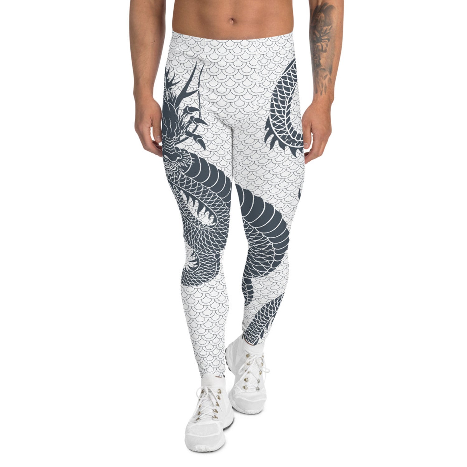 Japanese Dragon Leggings for Men White and Gray Dragon Scales Mid Waist Full Length