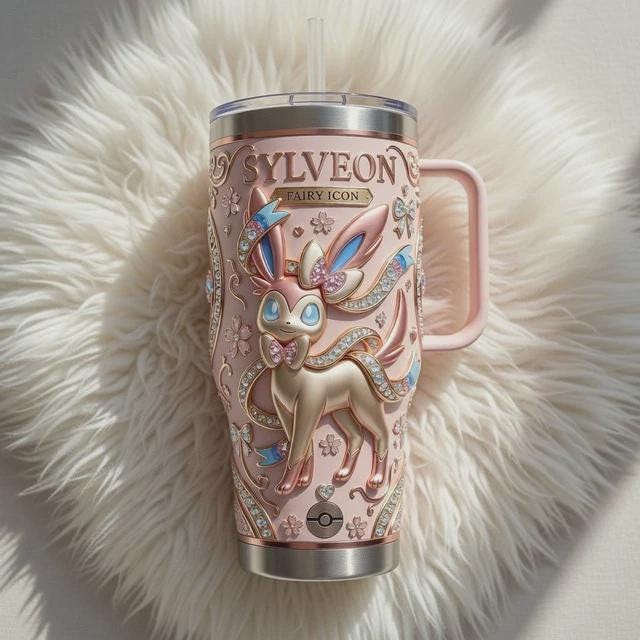 Sylveon Stainless Steel Tumbler with Handle, Fairy Icon Mug, Pink Anime Cup, Cute Gamer Gift for Her, Travel Coffee Mug