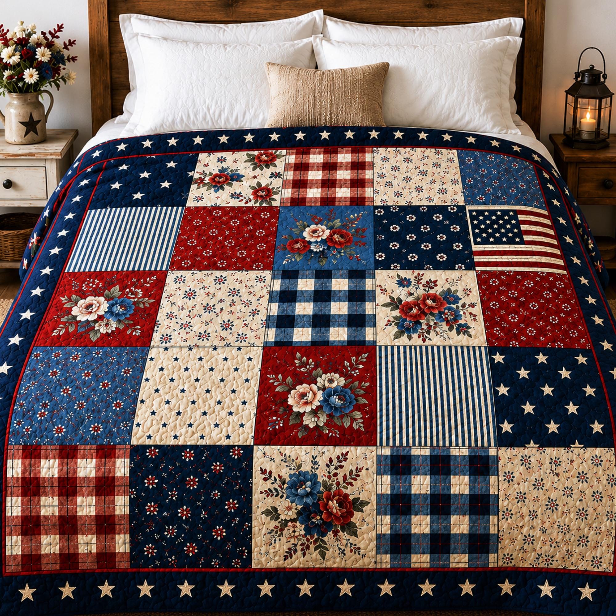 Patriotic Patchwork Quilt, Americana Floral Throw, Red White Blue Farmhouse Bedding