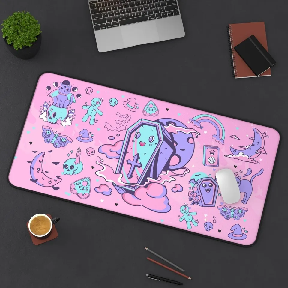 Coffin Pink Desk Mat, Pastel Goth Decor Harajuku Witchy Mat