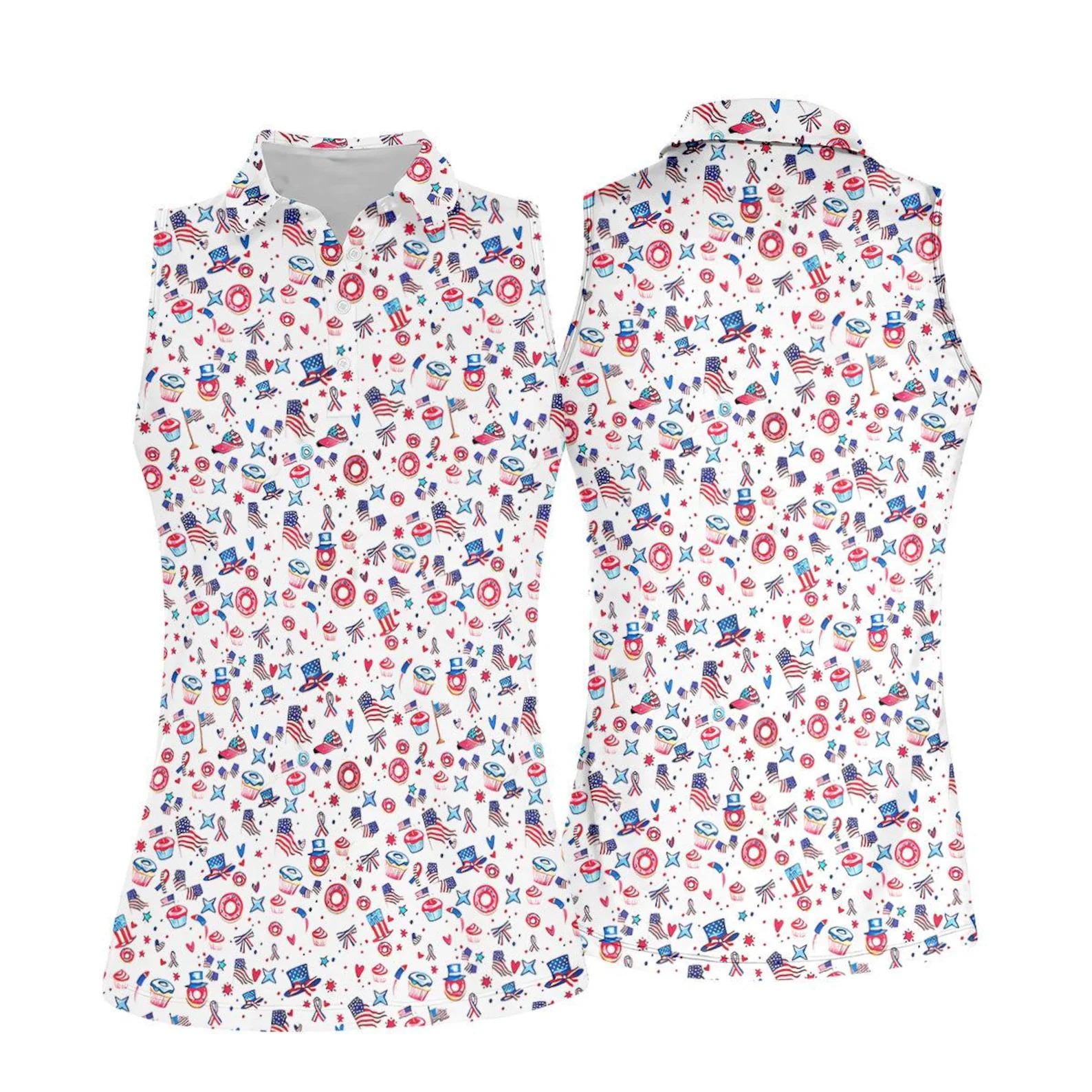 Women's Patriotic Sleeveless Polo Shirt, 4th of July USA Flag Pattern, Red White Blue Summer Golf Polo