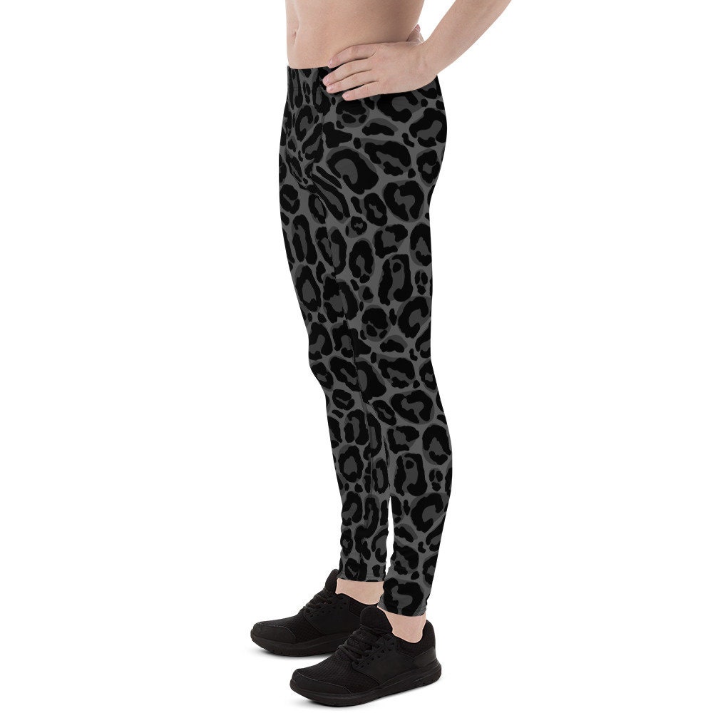 Black Leopard Men Leggings, Animal Print Panther Cheetah Jaguar Grey Guys Male Running