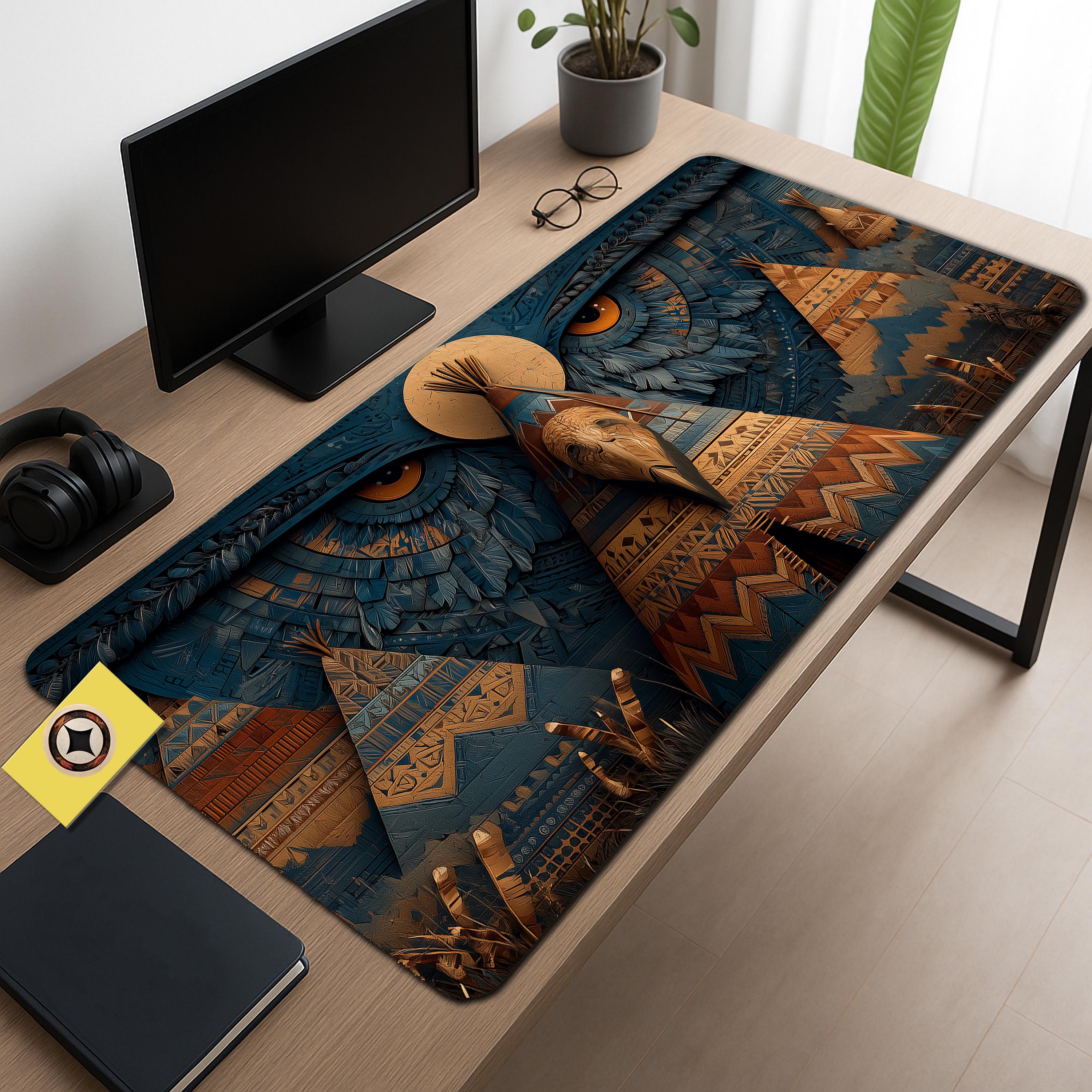 Tribal Spirit Owl Desk Mat – Native-Inspired Boho Desk Decor, Rustic Blue & Copper